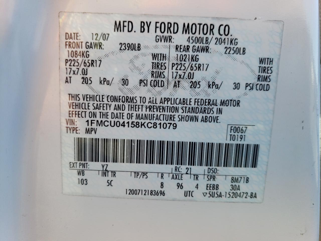 2008 Ford Escape Limited White vin: 1FMCU04158KC81079