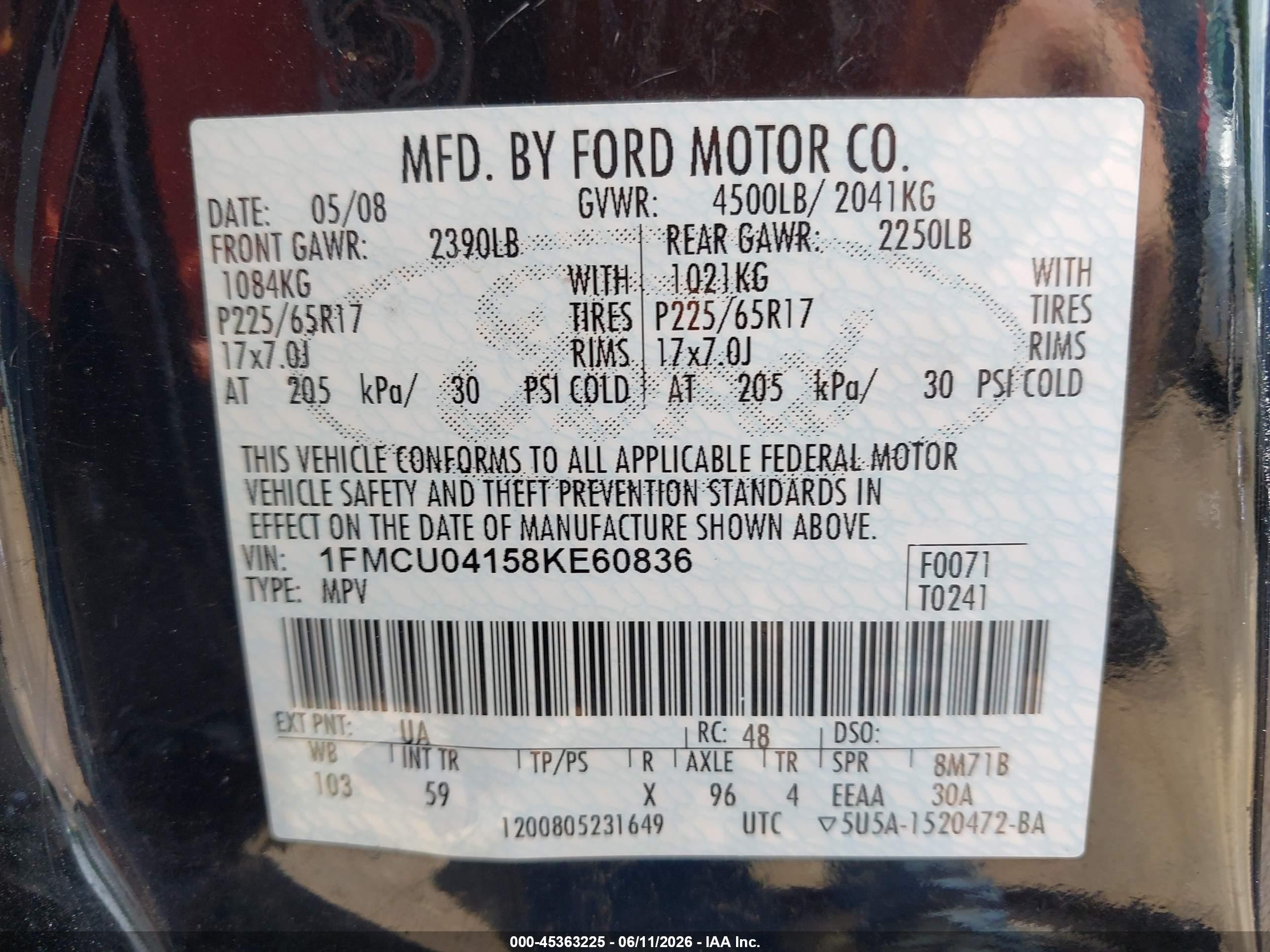 2008 Ford Escape Limited Black vin: 1FMCU04158KE60836