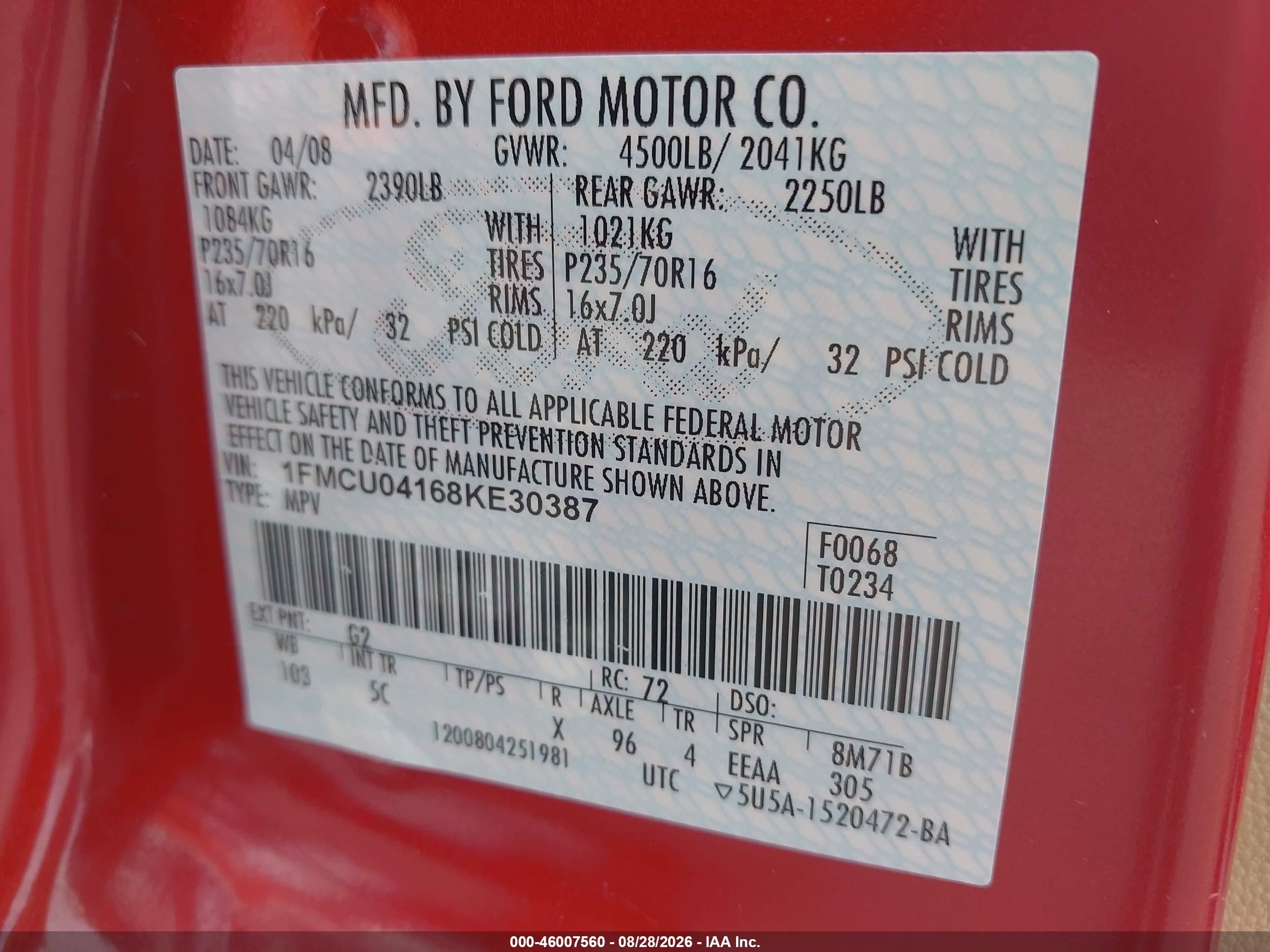 2008 Ford Escape Limited Red vin: 1FMCU04168KE30387