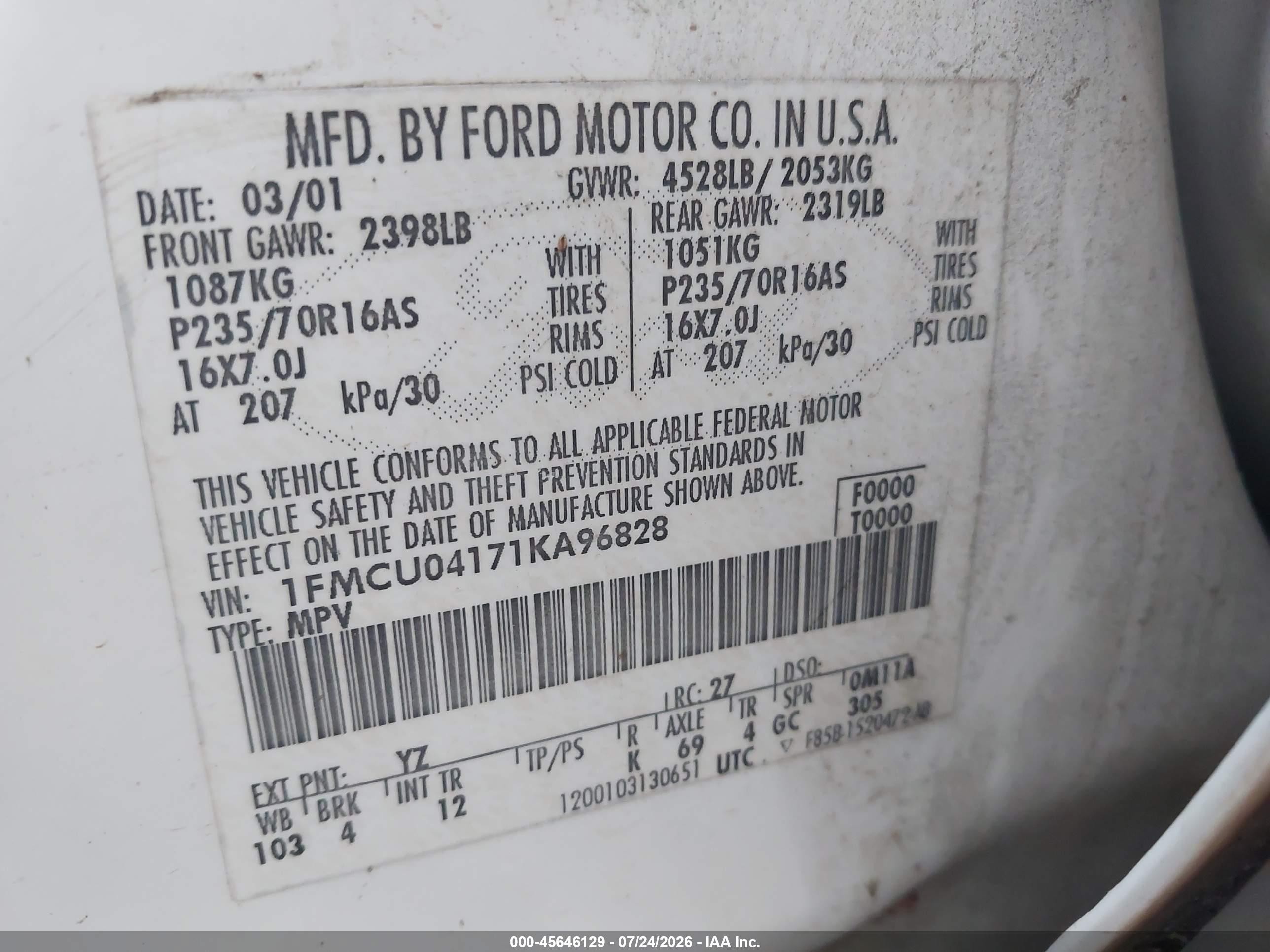 2001 Ford Escape Xlt White vin: 1FMCU04171KA96828