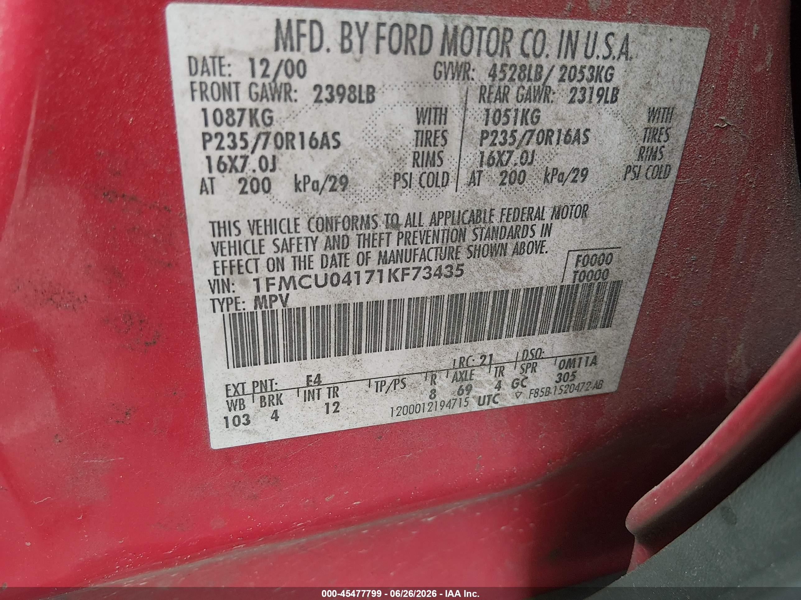 2001 Ford Escape Xlt Red vin: 1FMCU04171KF73435