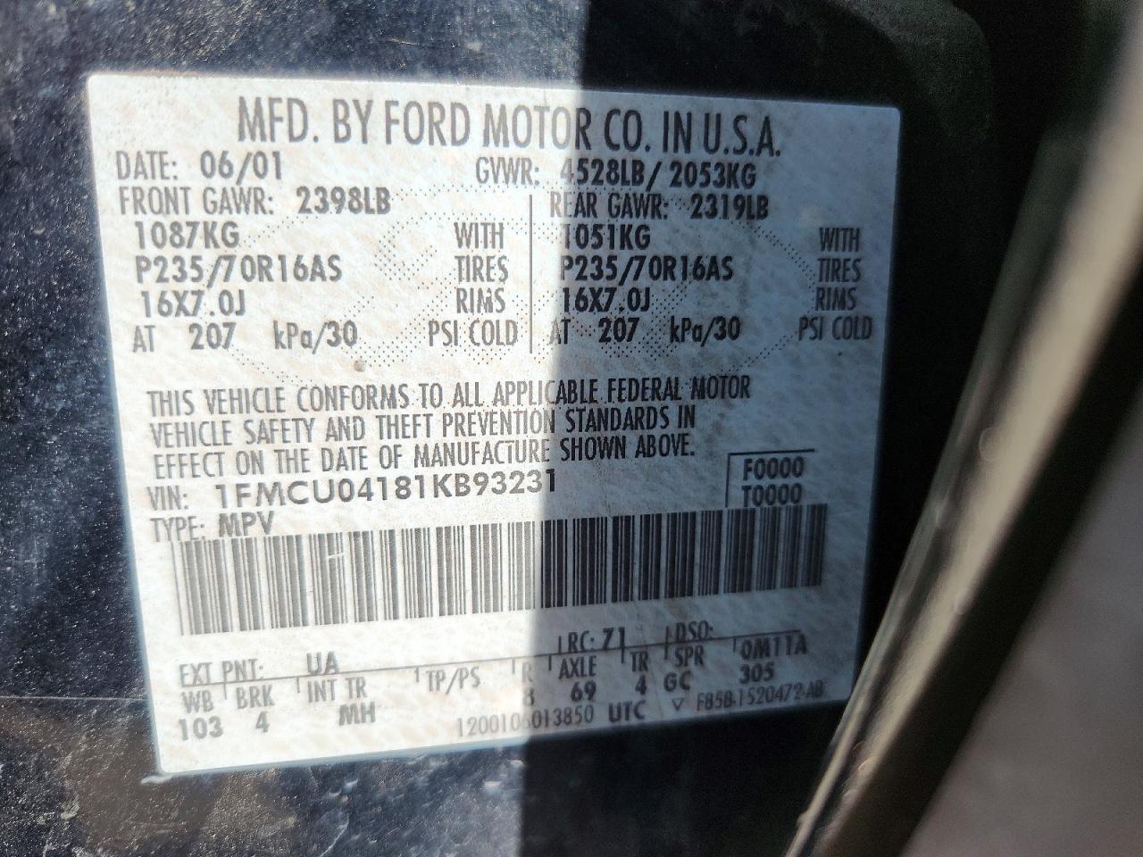 2001 Ford Escape Xlt Black vin: 1FMCU04181KB93231