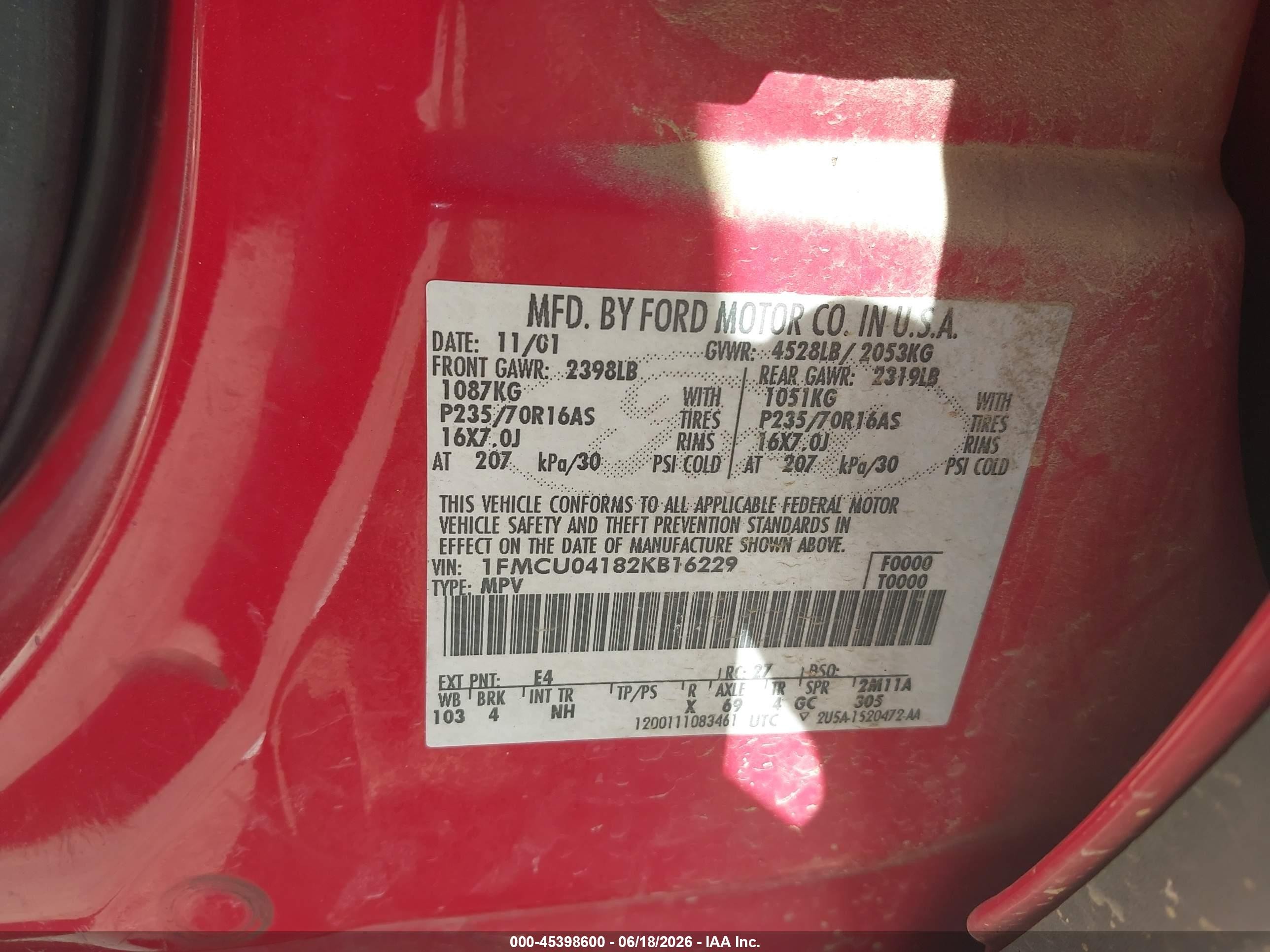 2002 Ford Escape Xlt Red vin: 1FMCU04182KB16229