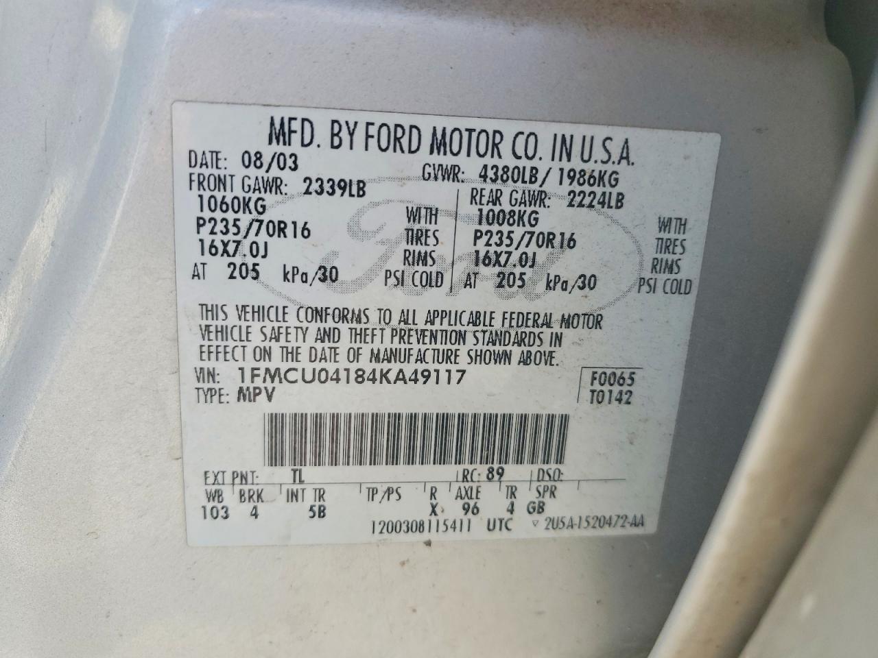 2004 Ford Escape Limited Silver vin: 1FMCU04184KA49117