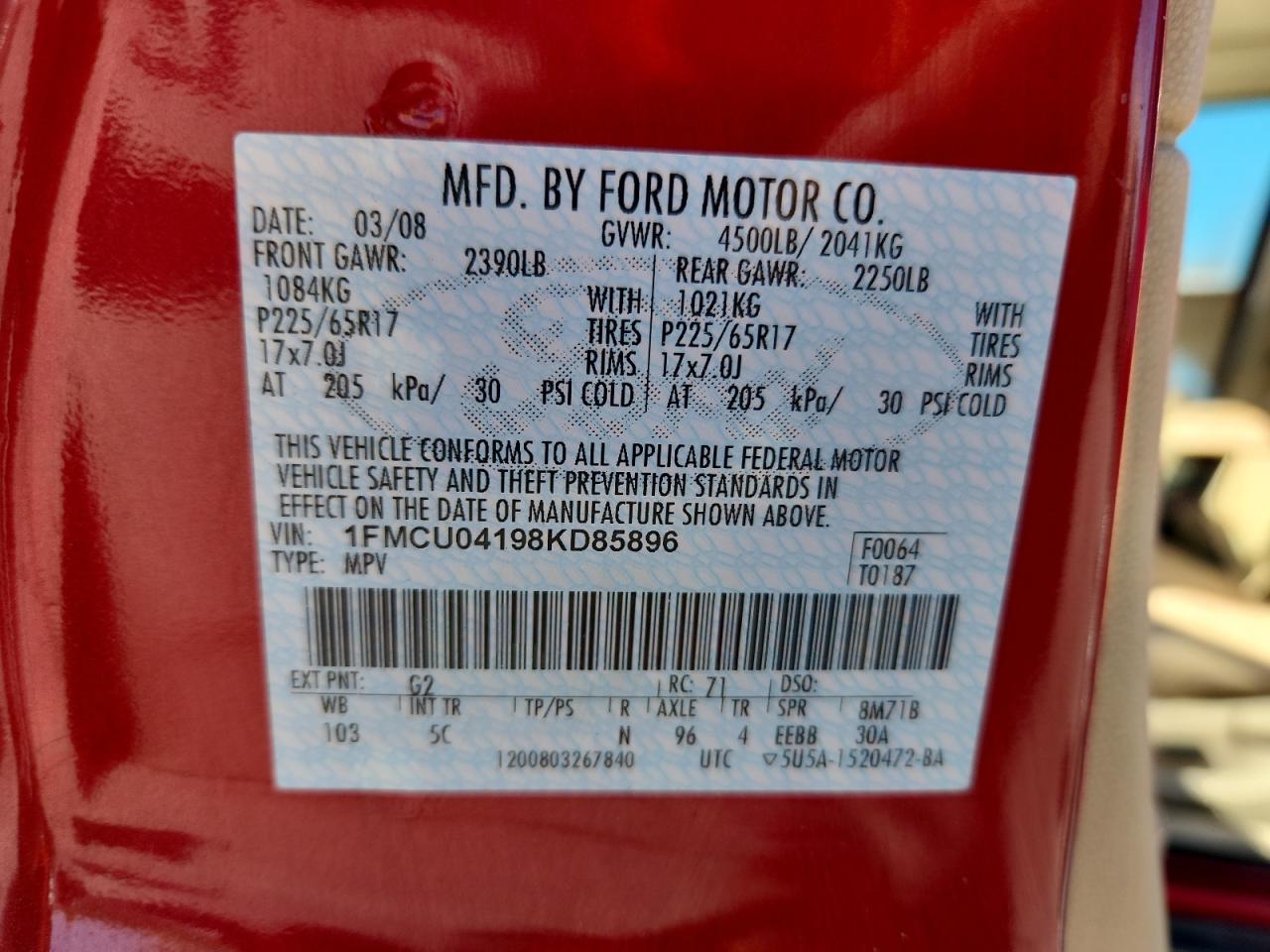 2008 Ford Escape Limited Red vin: 1FMCU04198KD85896