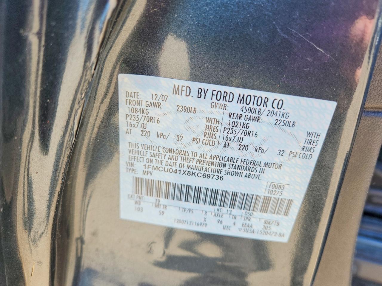 2008 Ford Escape Limited Black vin: 1FMCU041X8KC69736