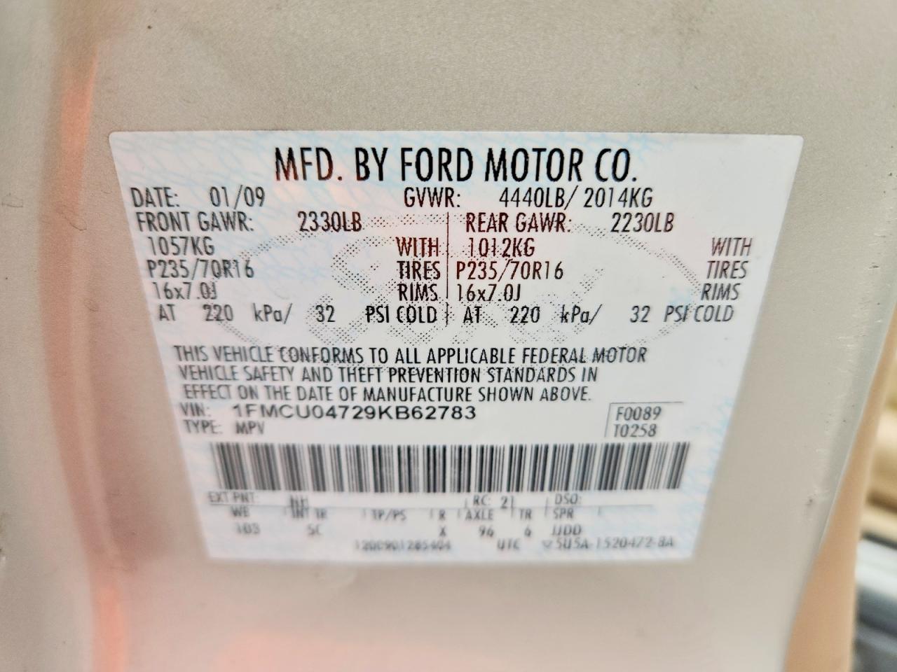 2009 Ford Escape Limited Beige vin: 1FMCU04729KB62783