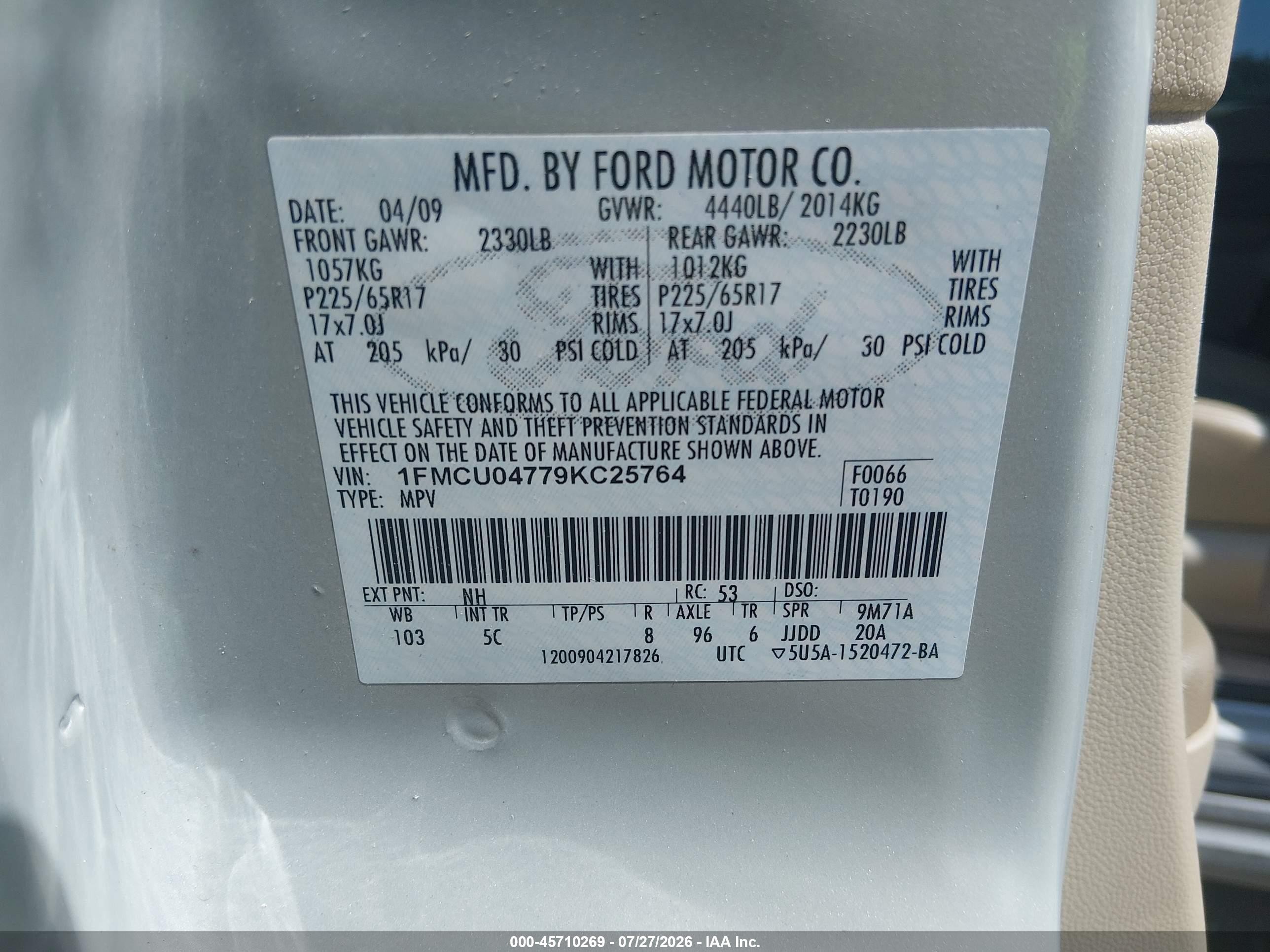 2009 Ford Escape Limited Tan vin: 1FMCU04779KC25764