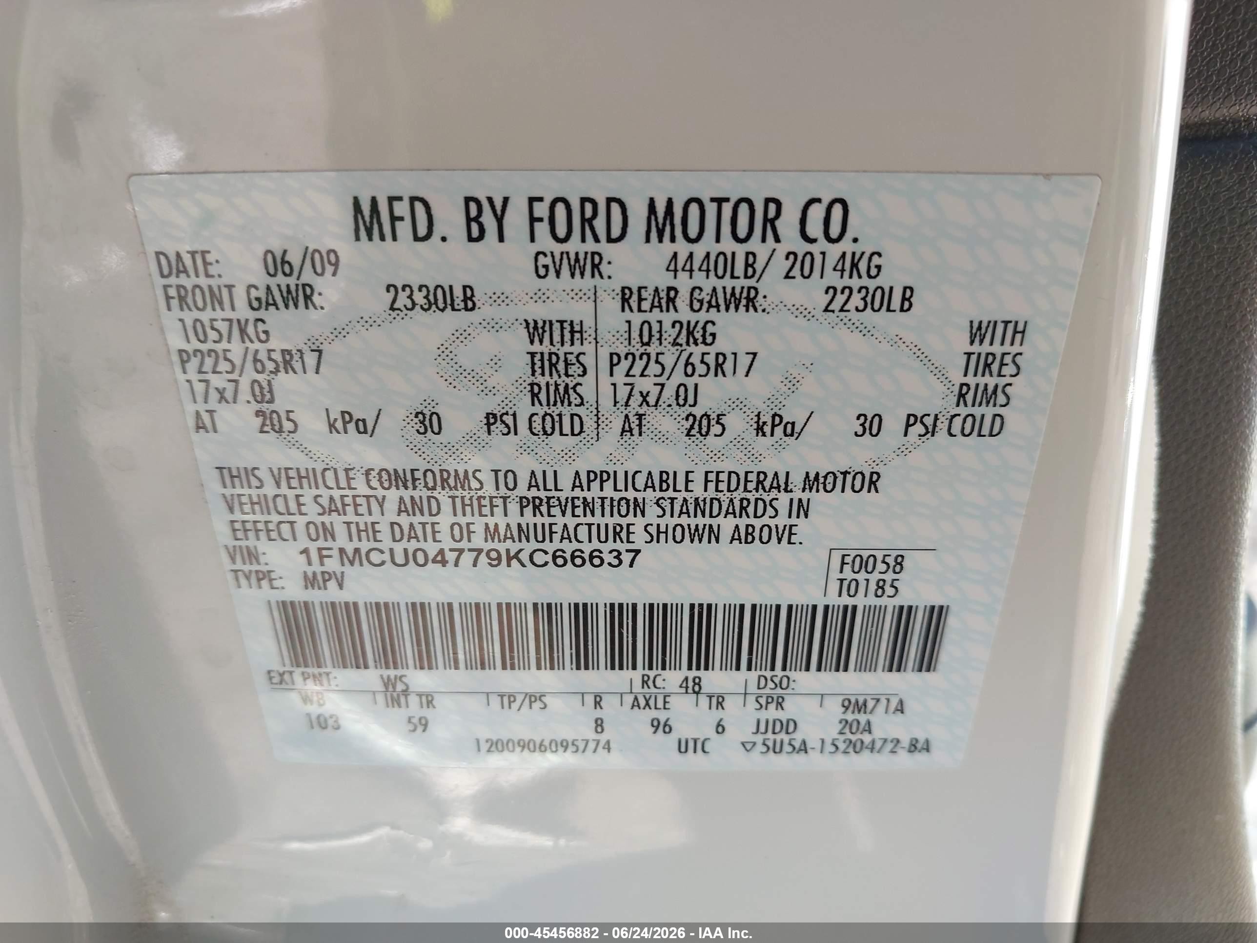 2009 Ford Escape Limited White vin: 1FMCU04779KC66637