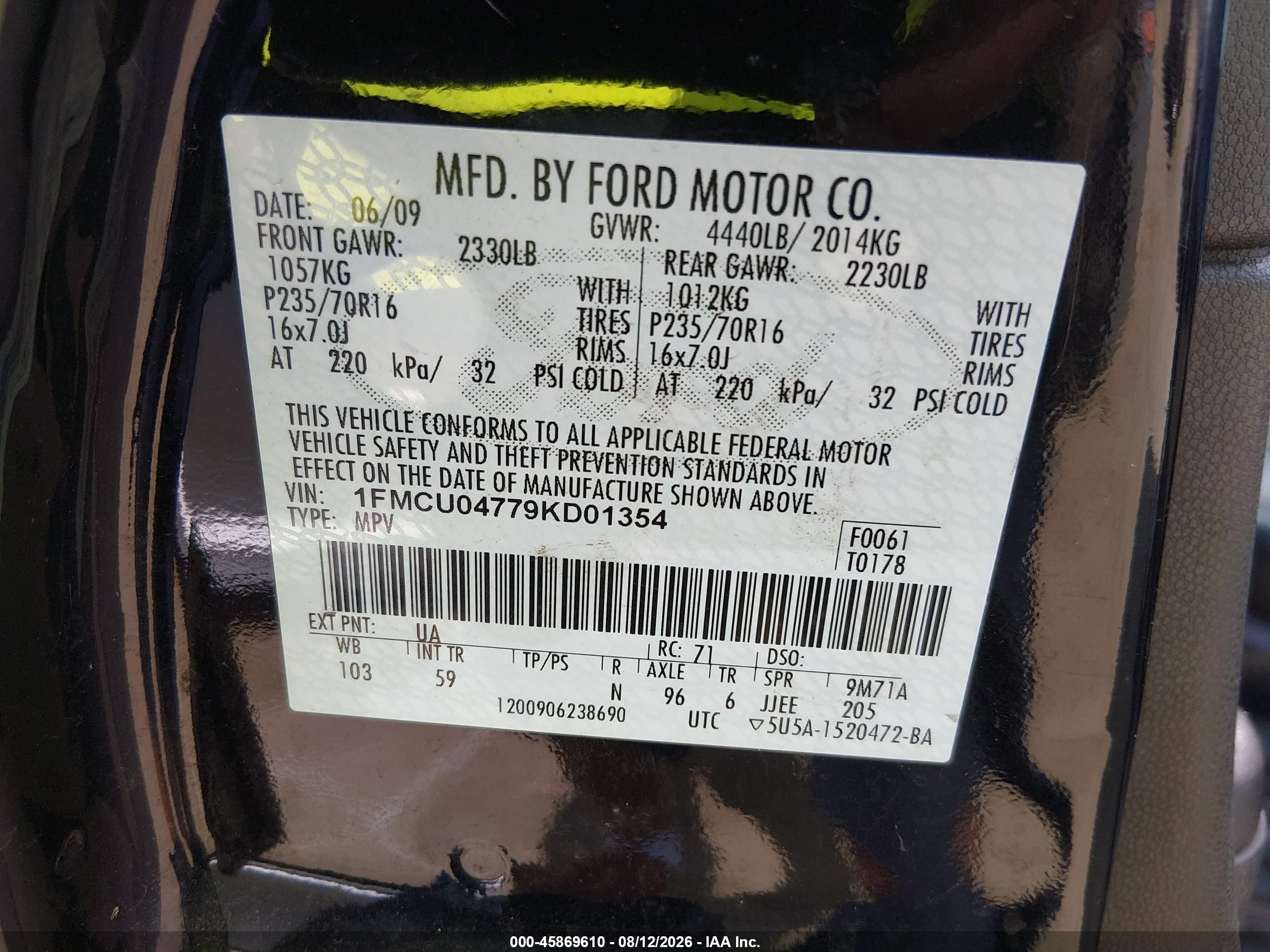 2009 Ford Escape Limited Black vin: 1FMCU04779KD01354