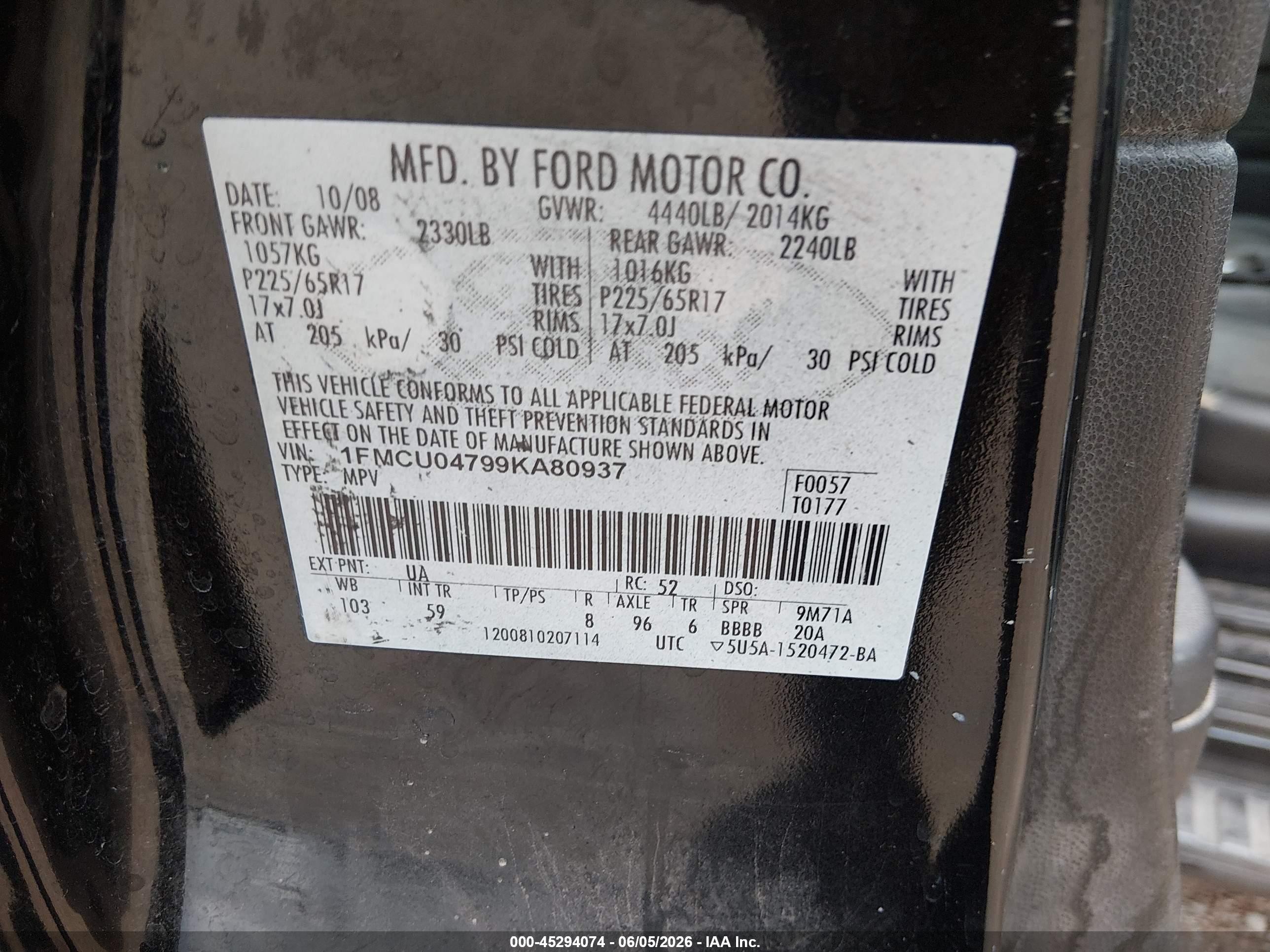 2009 Ford Escape Limited Черный vin: 1FMCU04799KA80937