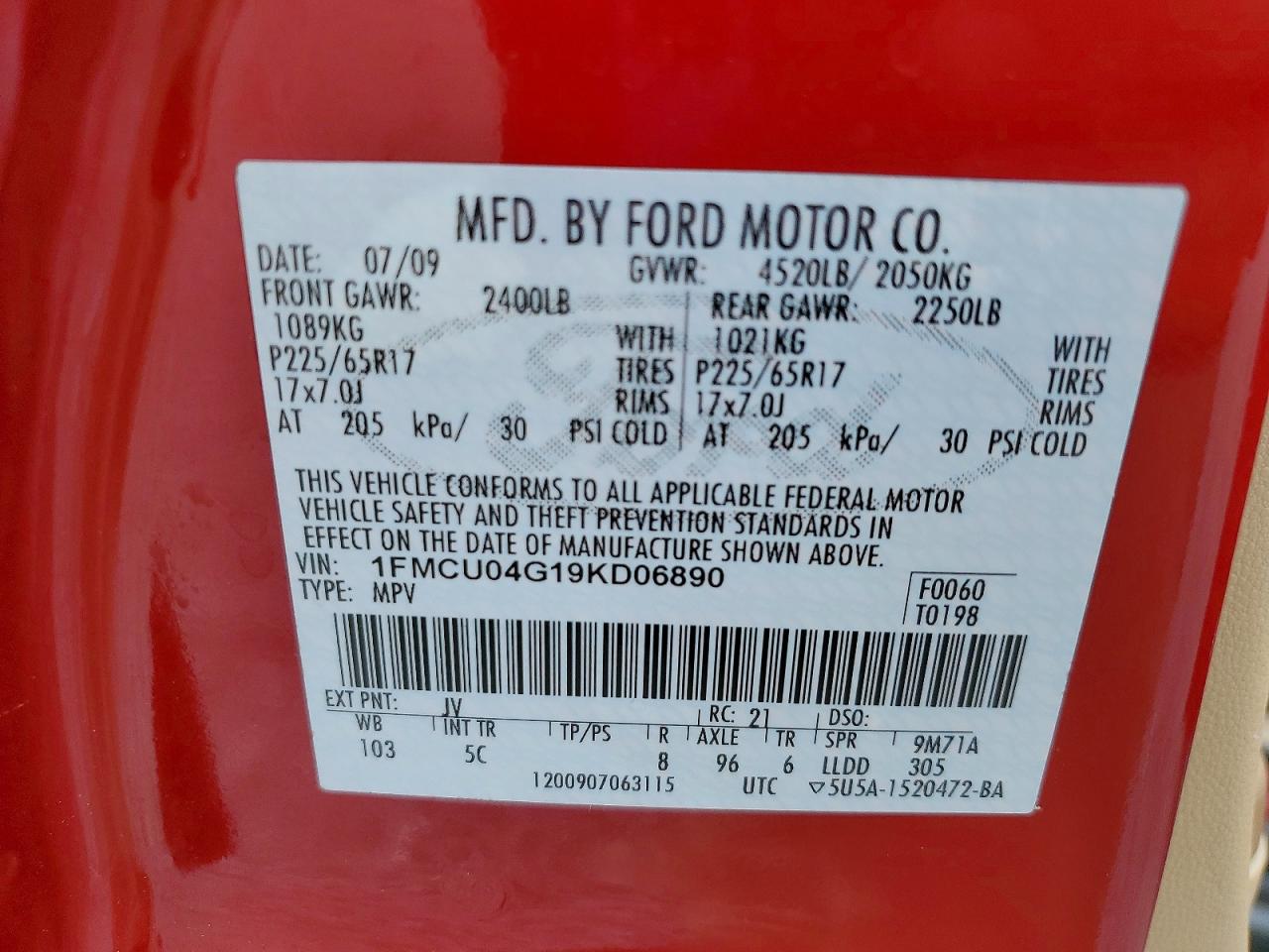 2009 Ford Escape Limited Red vin: 1FMCU04G19KD06890