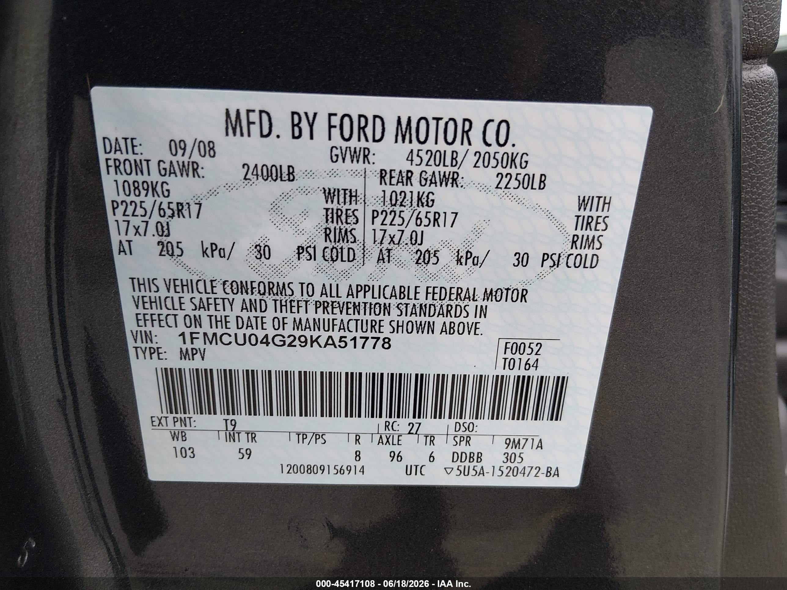 2009 Ford Escape Limited Blue vin: 1FMCU04G29KA51778