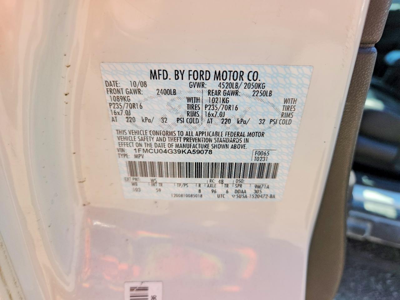 2009 Ford Escape White vin: 1FMCU04G39KA59078