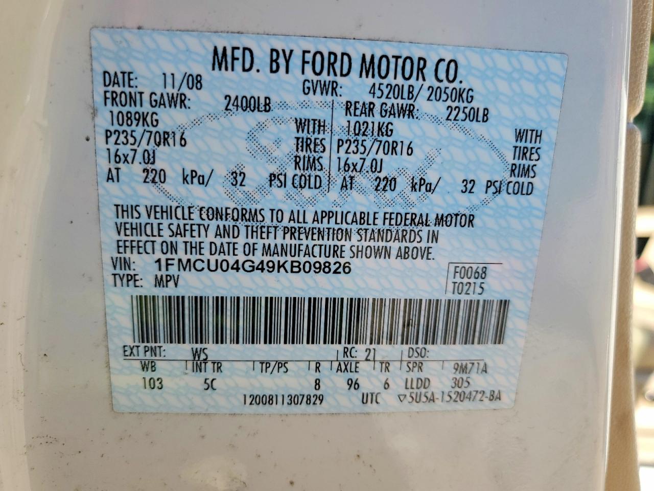 2009 Ford Escape Limited White vin: 1FMCU04G49KB09826