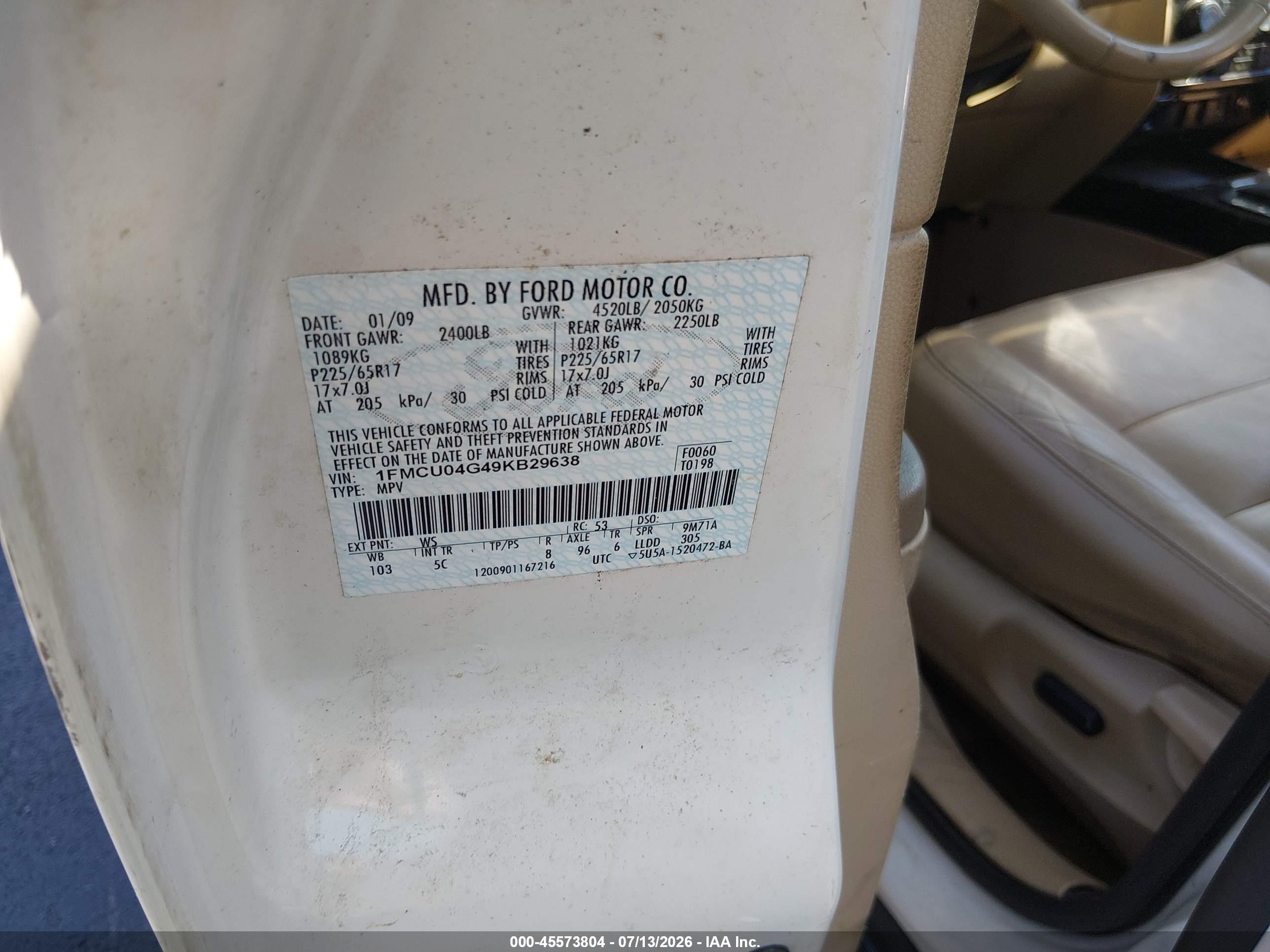 2009 Ford Escape Limited White vin: 1FMCU04G49KB29638