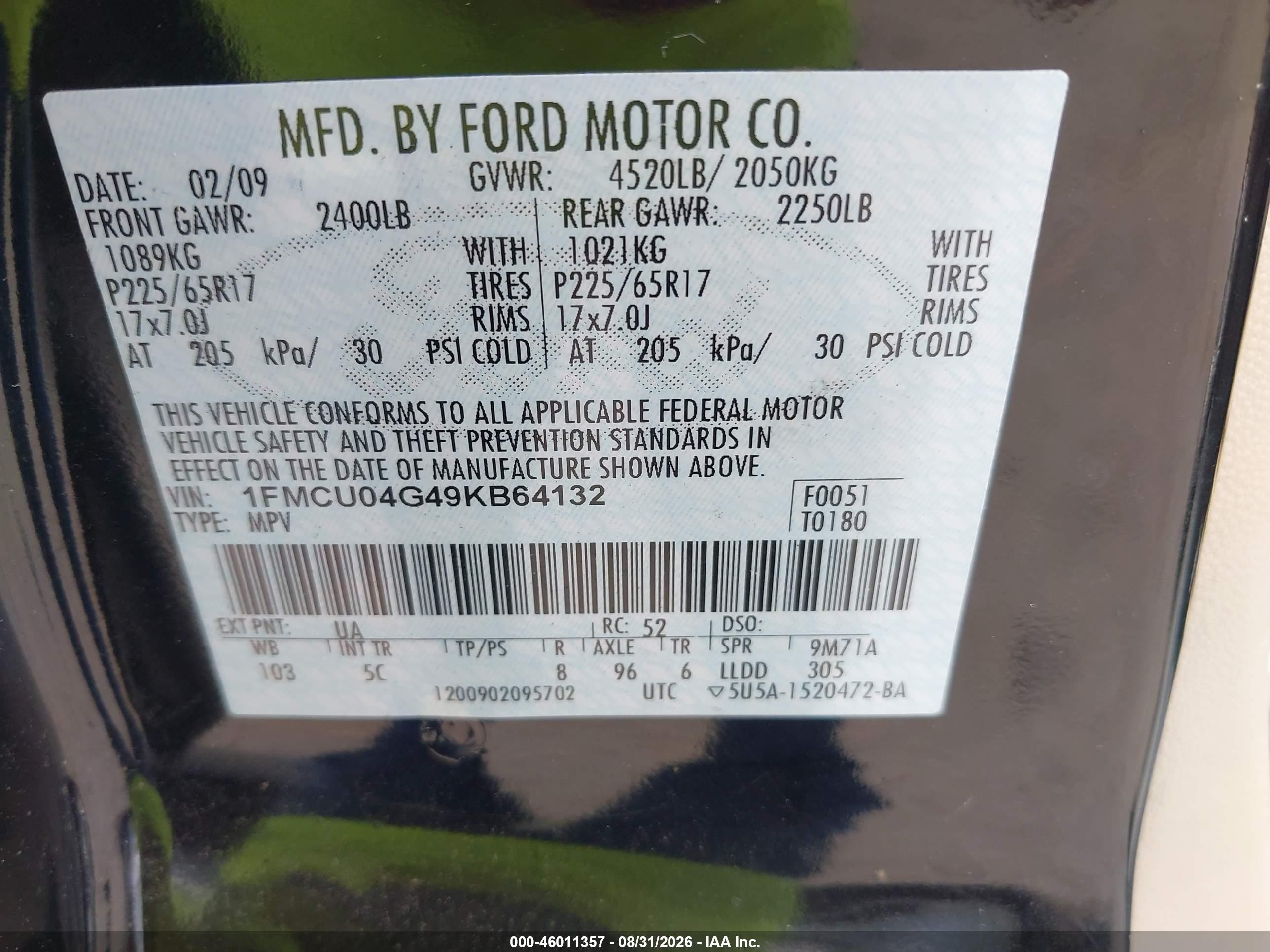 2009 Ford Escape Limited Black vin: 1FMCU04G49KB64132