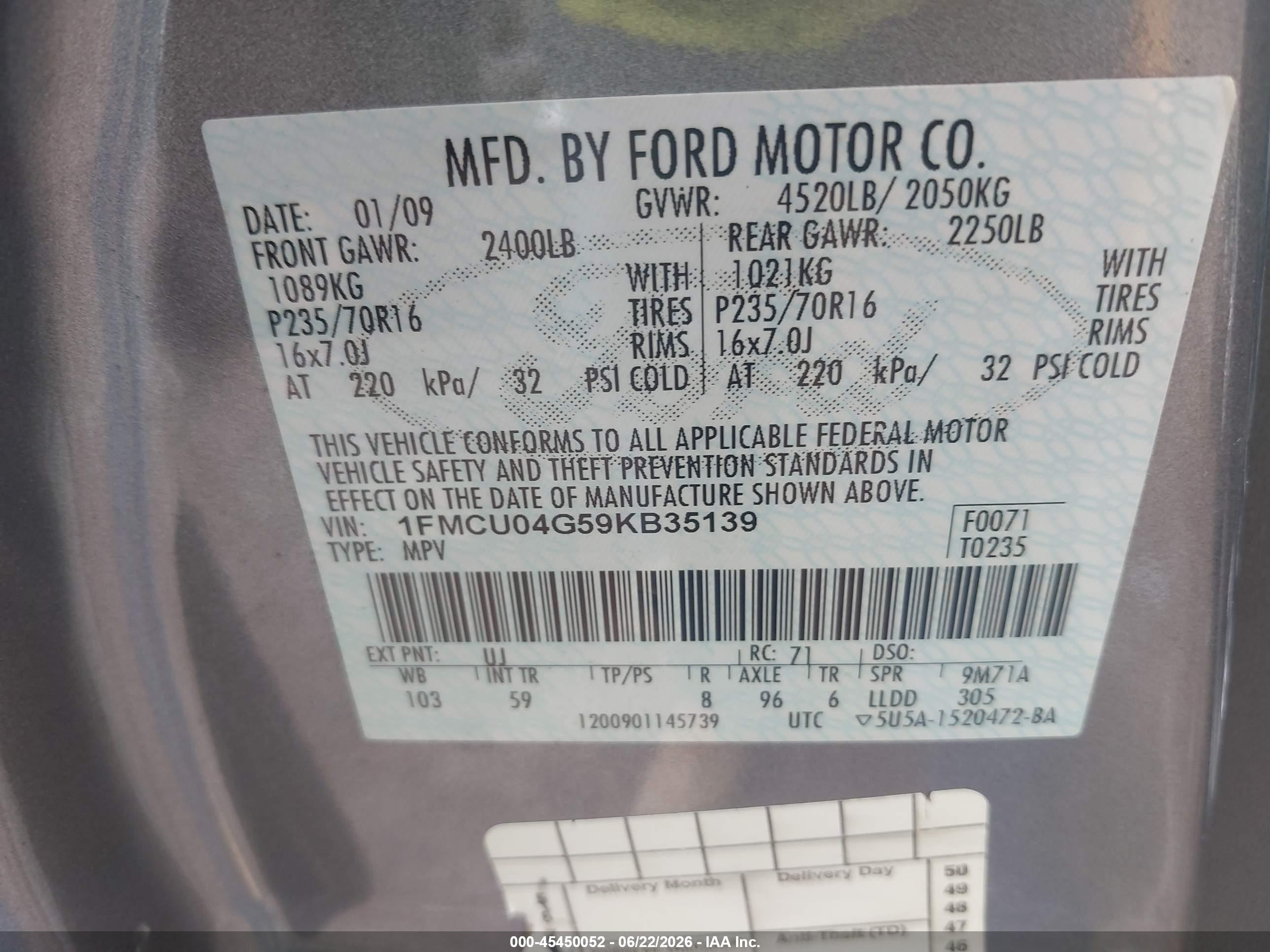 2009 Ford Escape Limited Gray vin: 1FMCU04G59KB35139