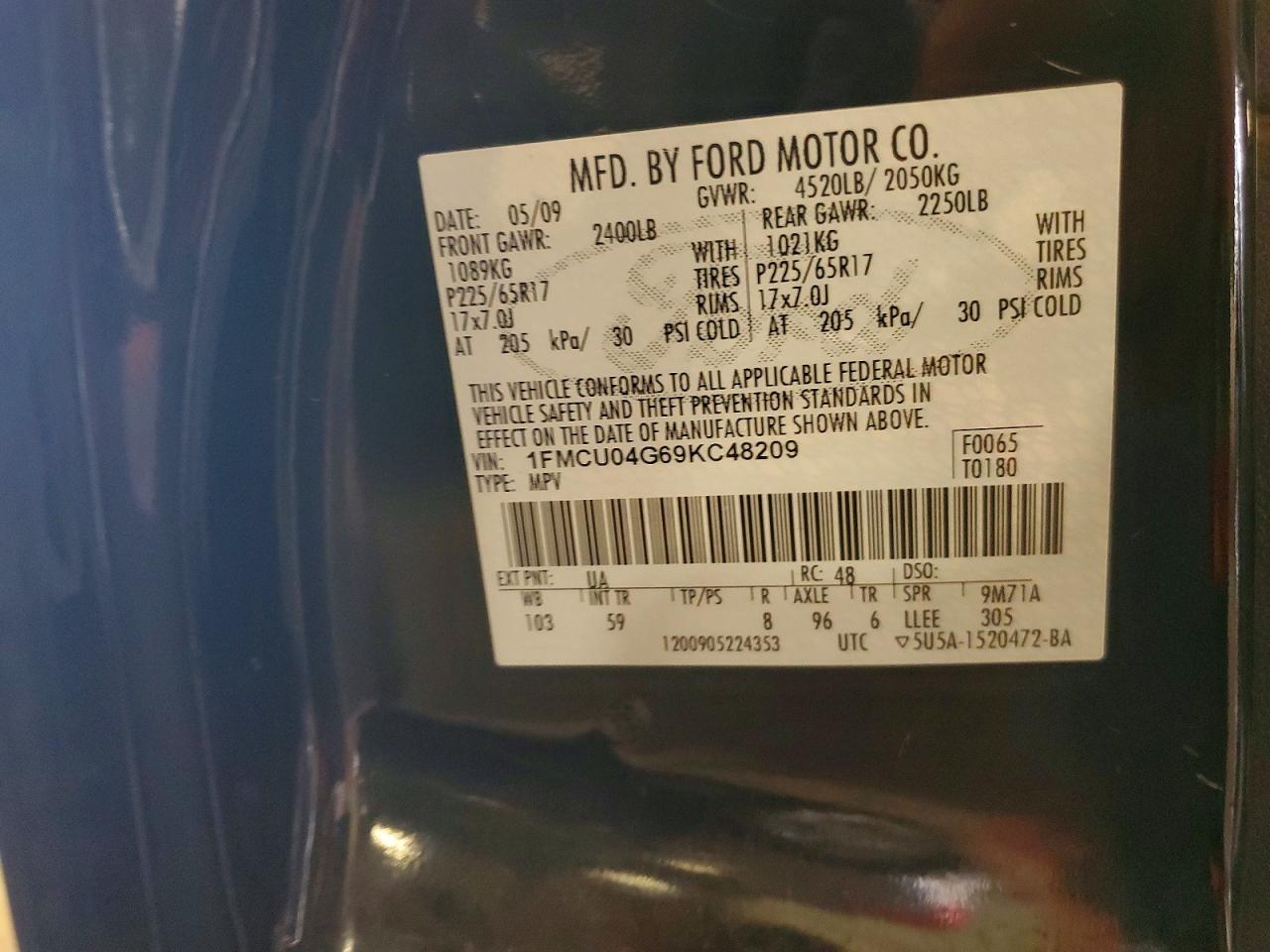 2009 Ford Escape Limited Black vin: 1FMCU04G69KC48209