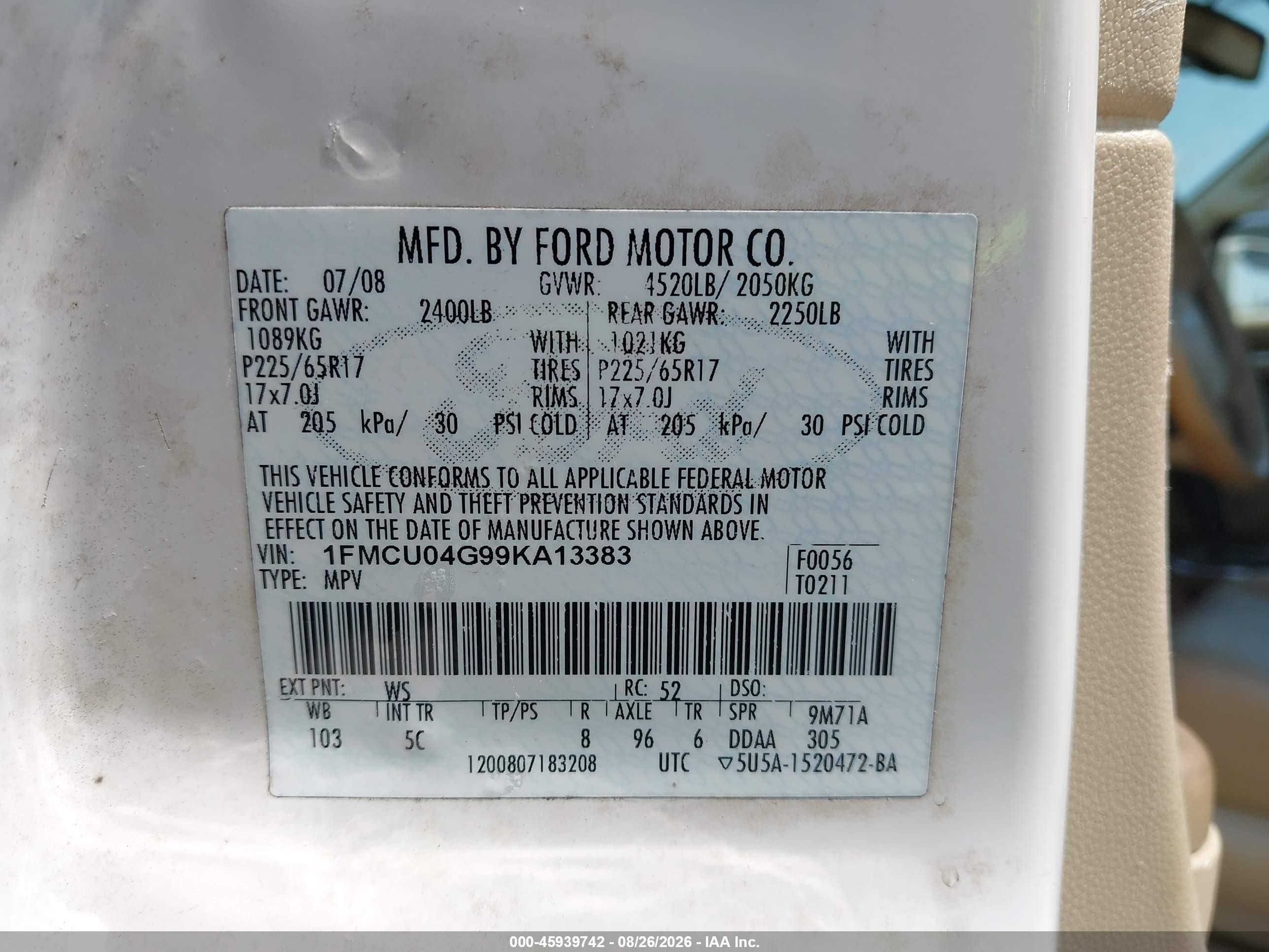 2009 Ford Escape Limited White vin: 1FMCU04G99KA13383
