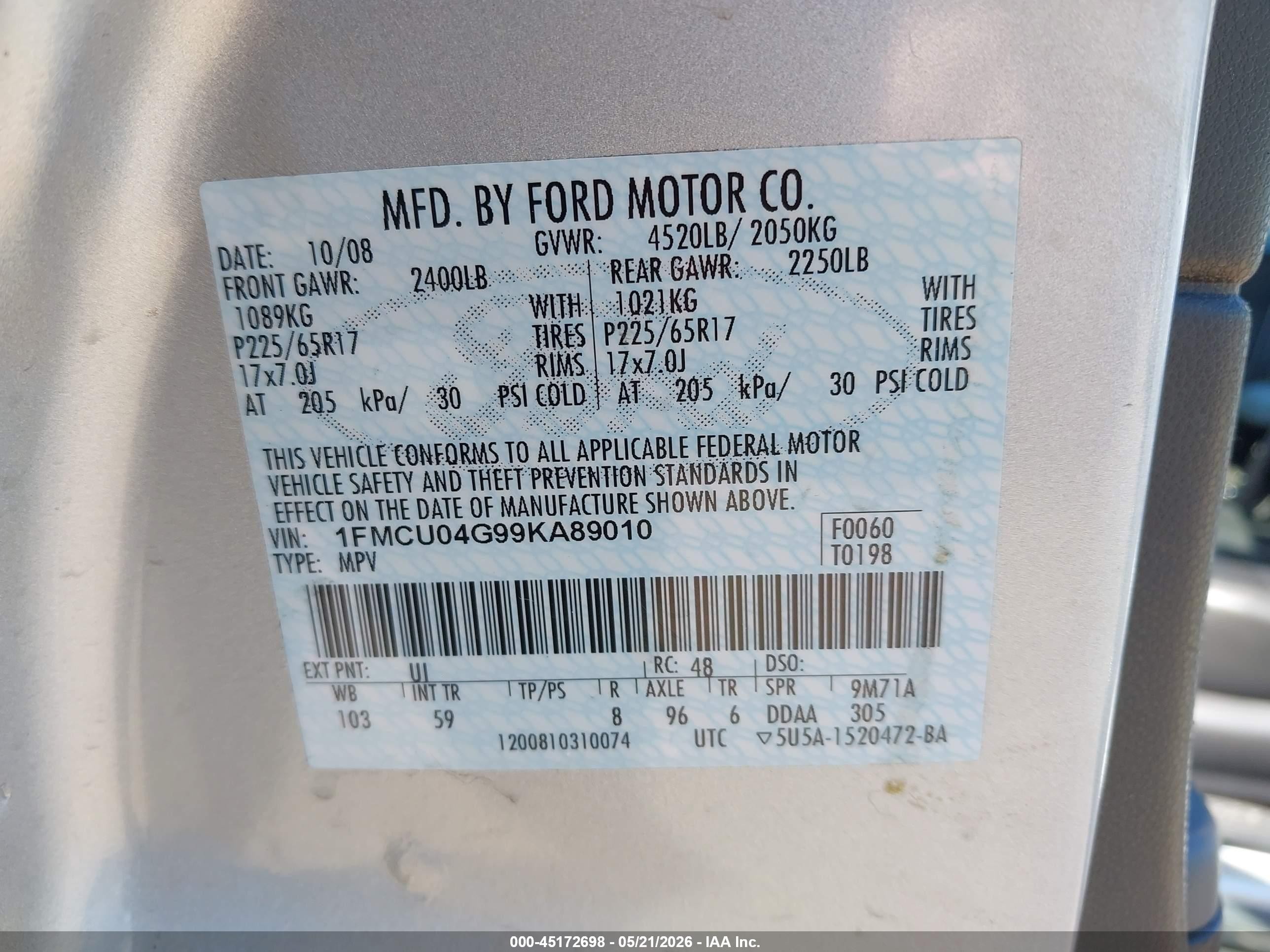 2009 Ford Escape Limited Silver vin: 1FMCU04G99KA89010
