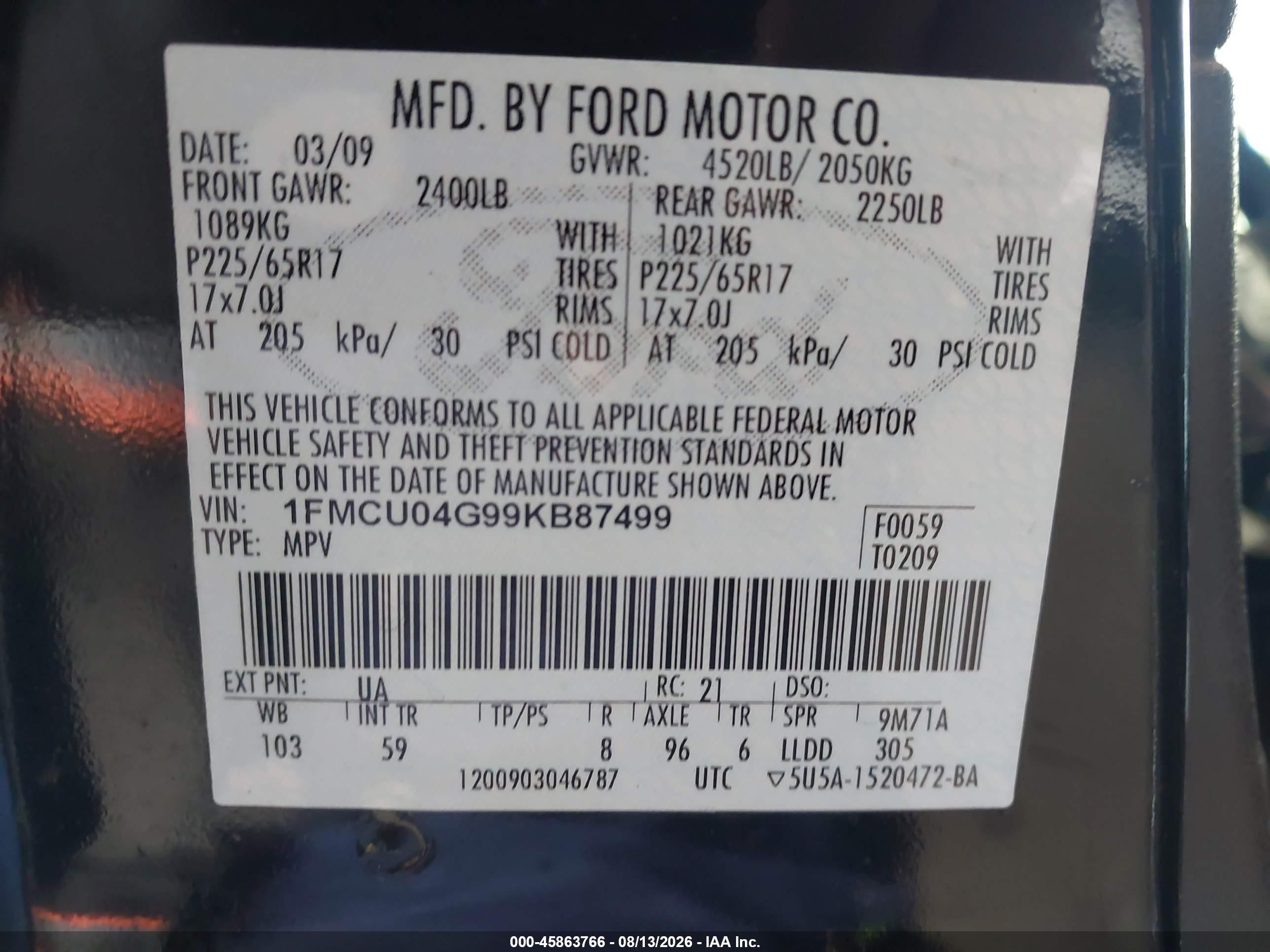 2009 Ford Escape Limited Black vin: 1FMCU04G99KB87499
