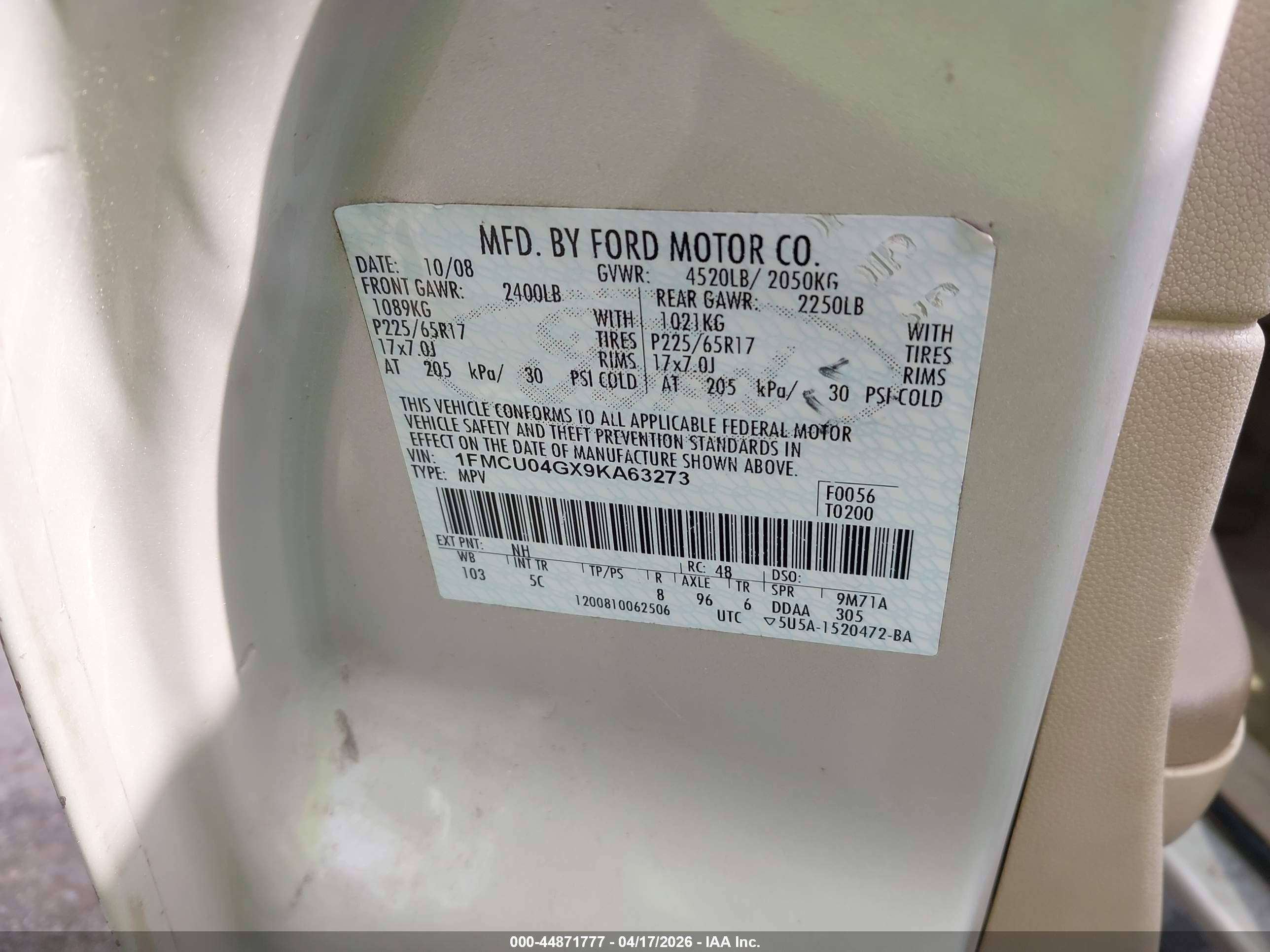 2009 Ford Escape Limited Cream vin: 1FMCU04GX9KA63273