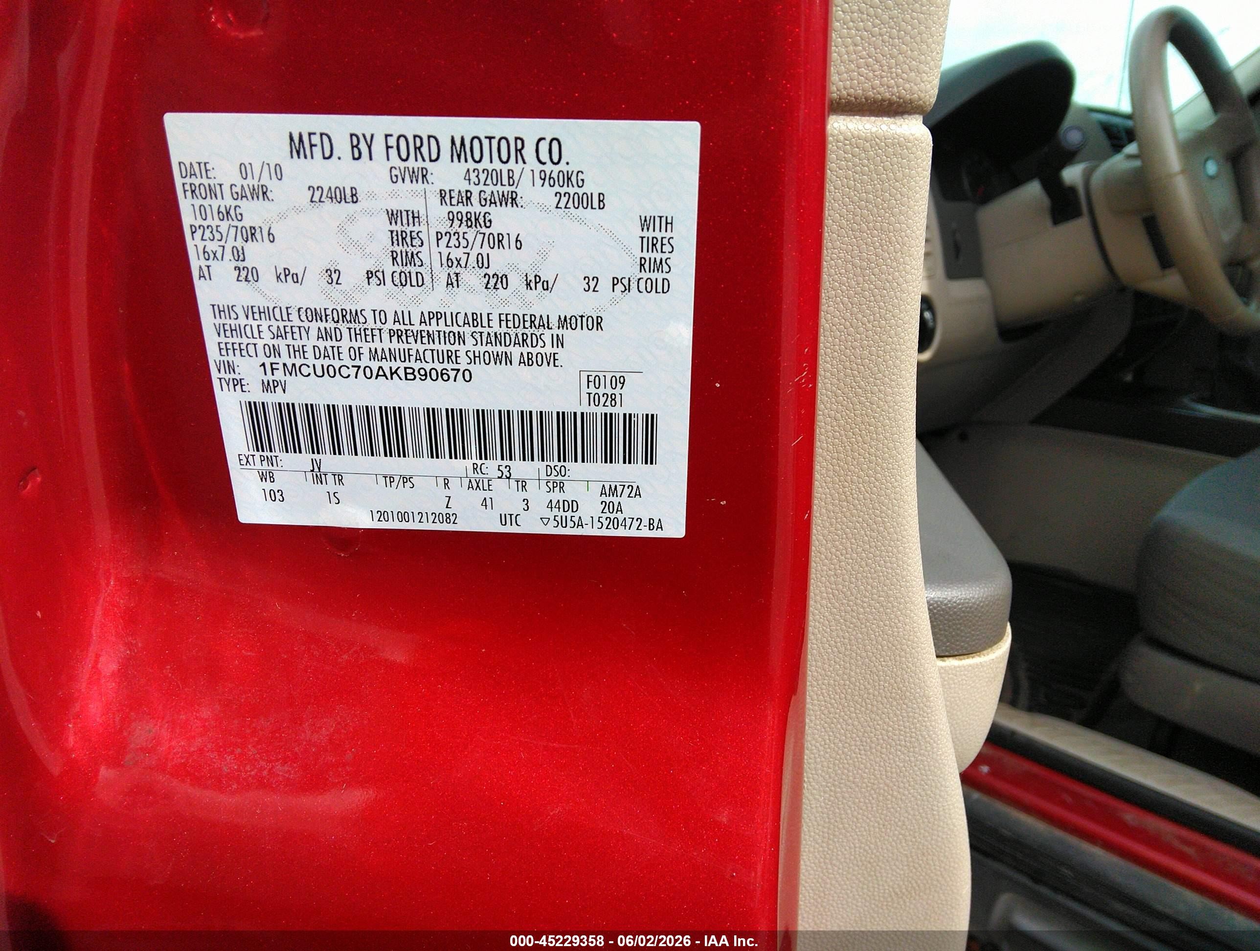 2010 Ford Escape Xls Red vin: 1FMCU0C70AKB90670