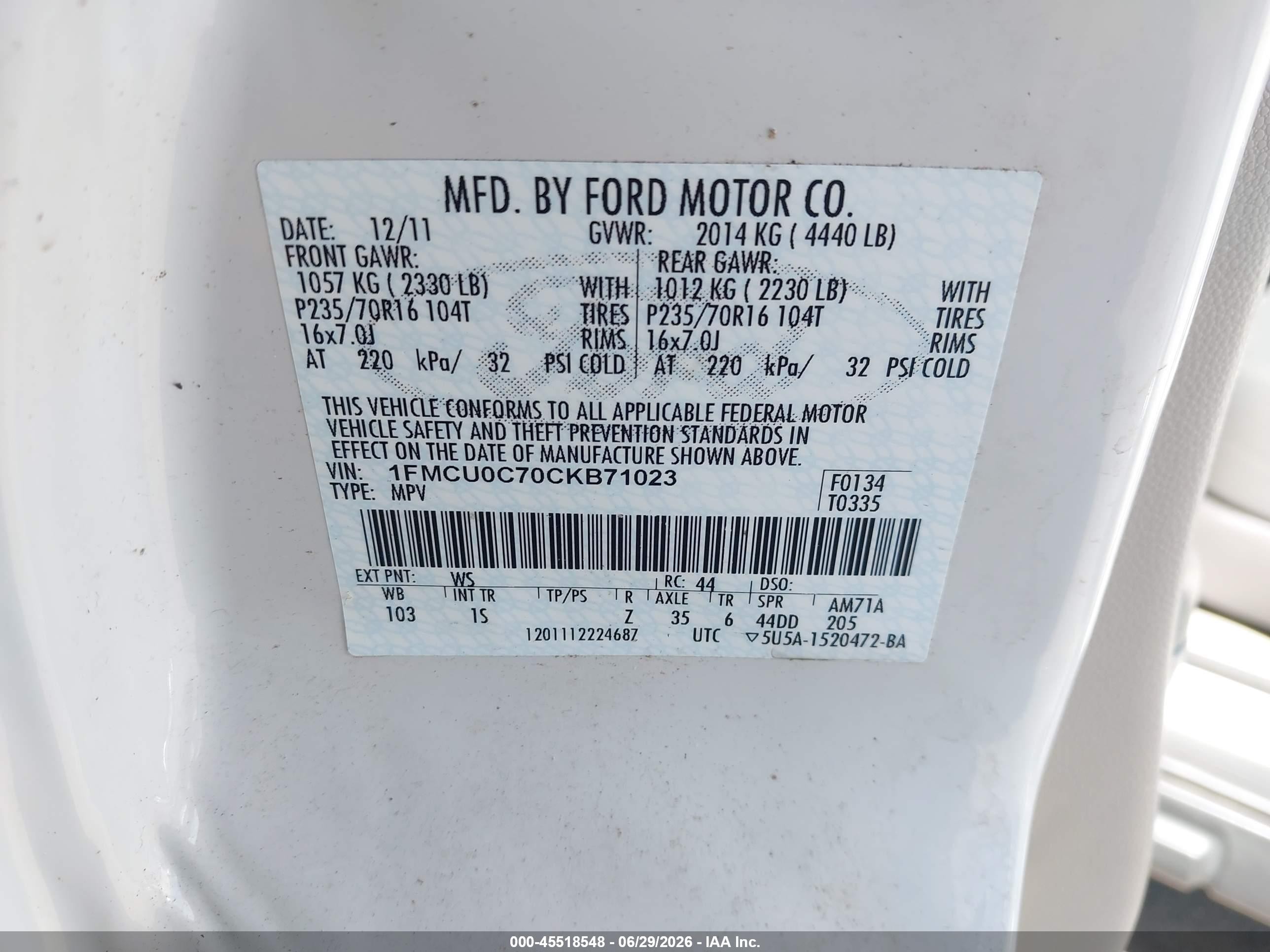 2012 Ford Escape Xls White vin: 1FMCU0C70CKB71023