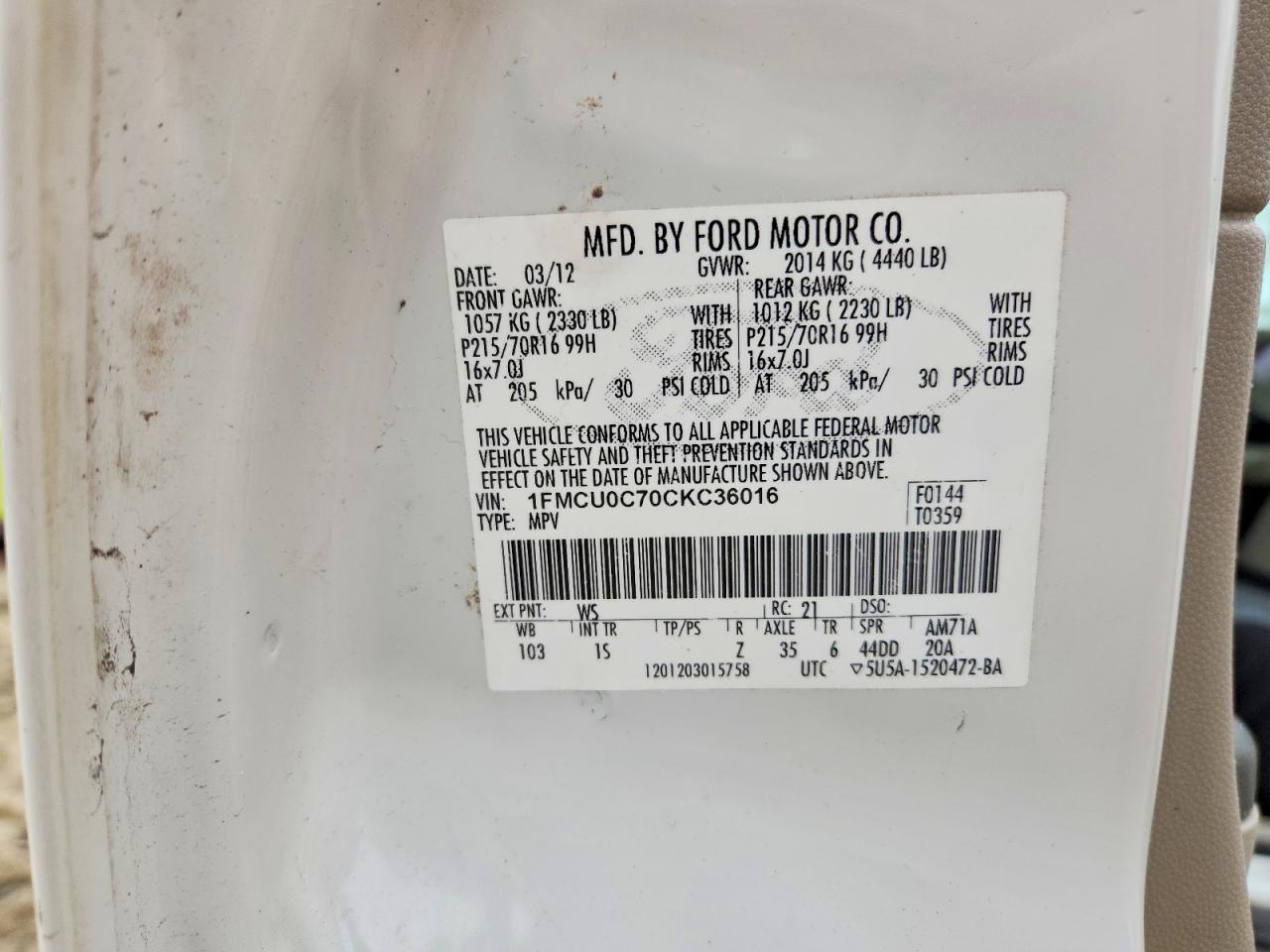 2012 Ford Escape Xls White vin: 1FMCU0C70CKC36016