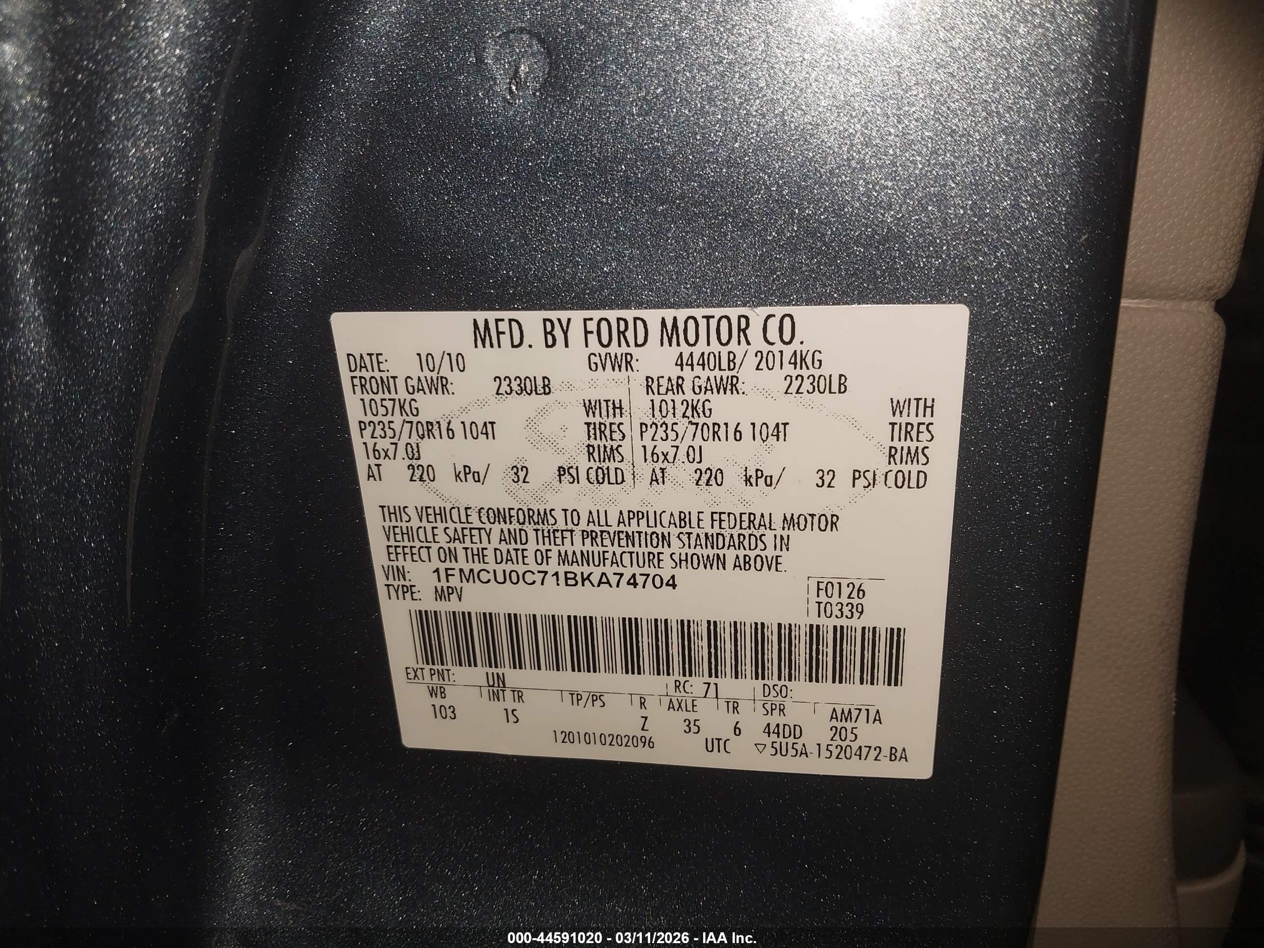 2011 Ford Escape Xls Blue vin: 1FMCU0C71BKA74704