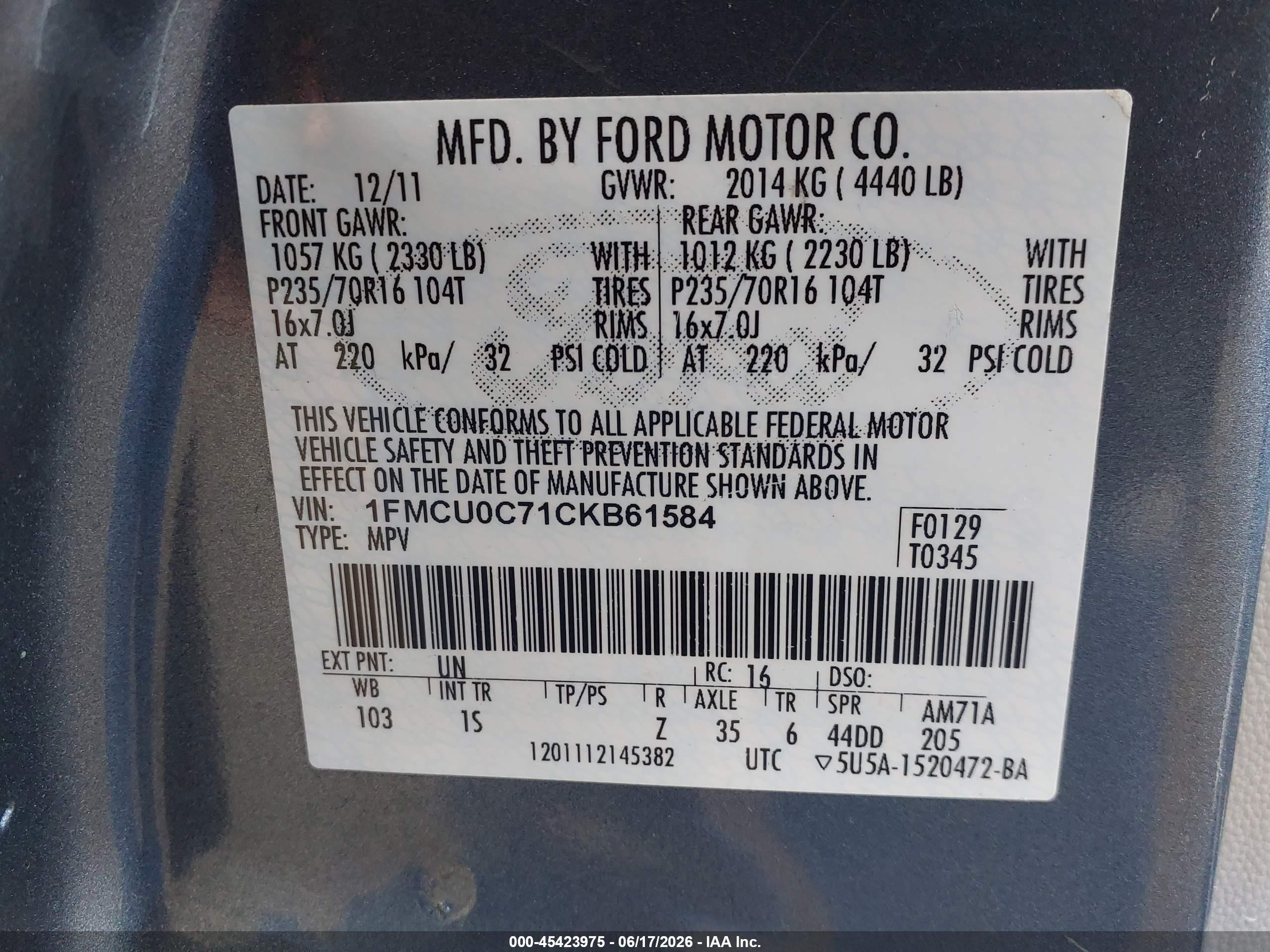 2012 Ford Escape Xls Blue vin: 1FMCU0C71CKB61584