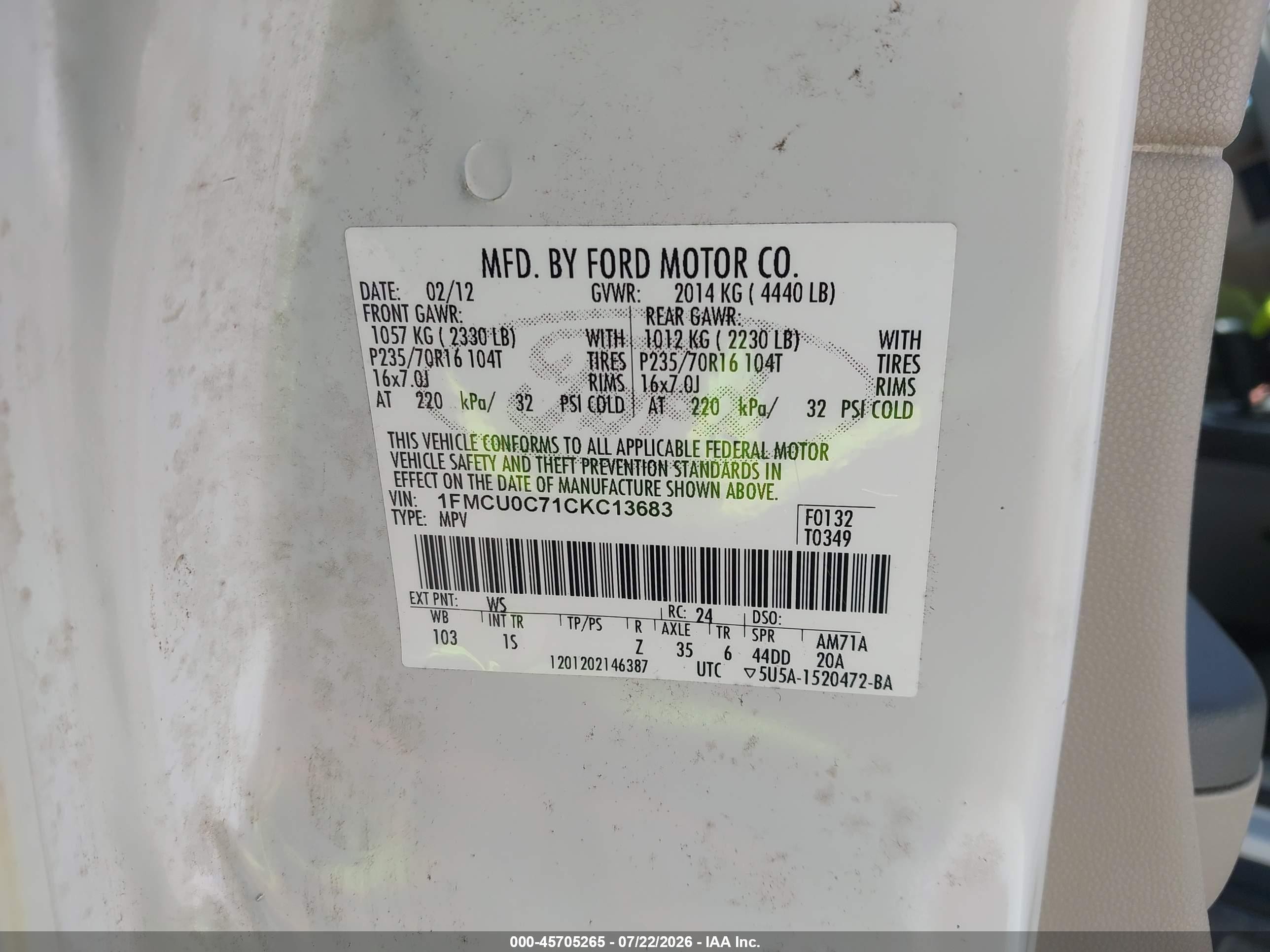2012 Ford Escape Xls White vin: 1FMCU0C71CKC13683