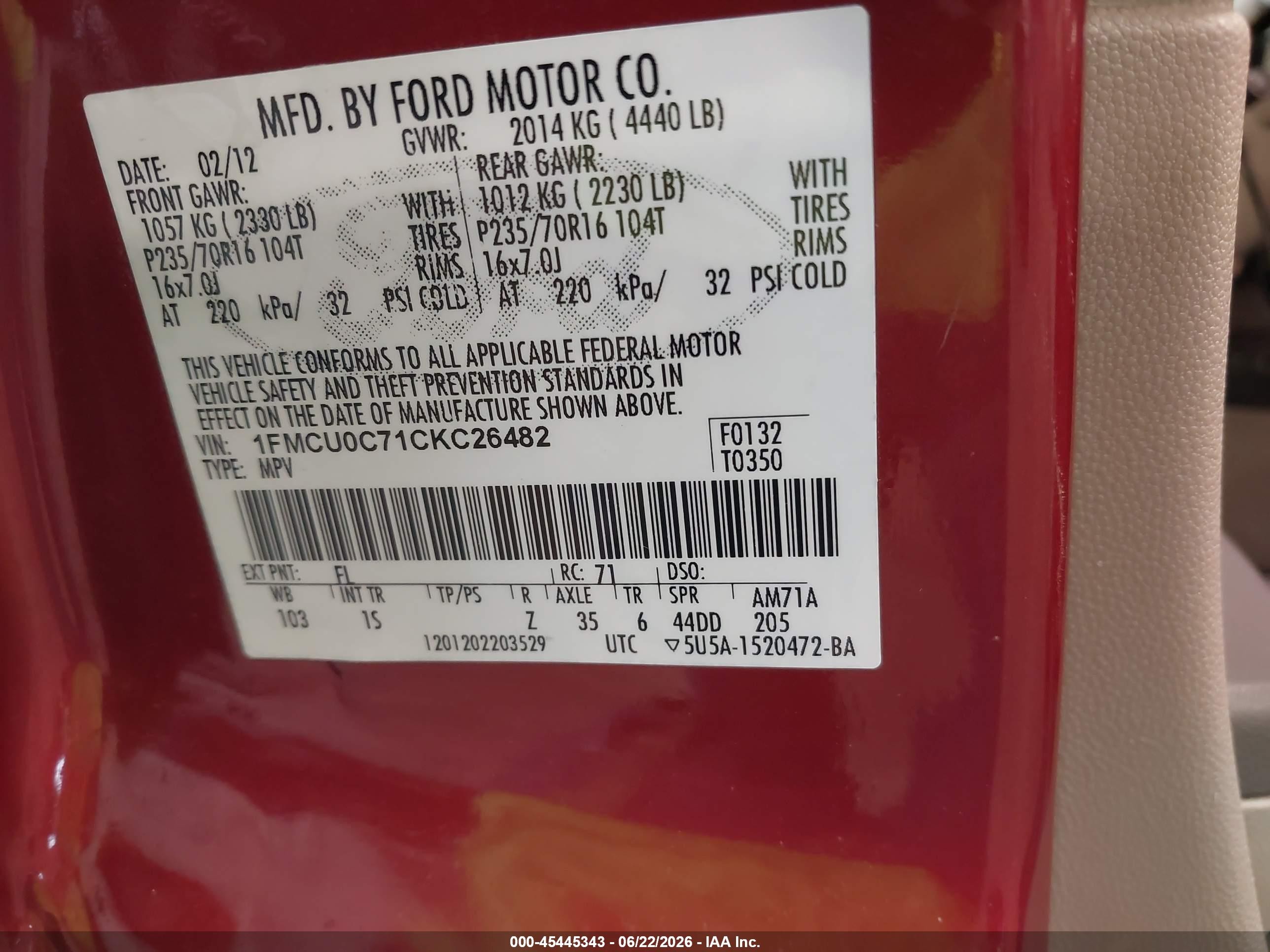 2012 Ford Escape Xls Red vin: 1FMCU0C71CKC26482