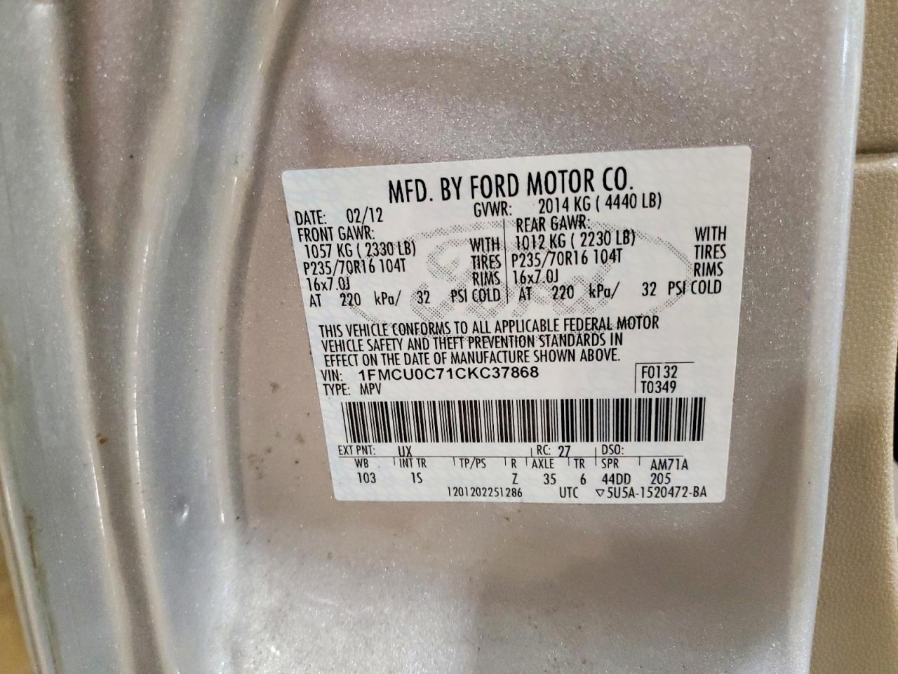 2012 Ford Escape Xls Серебряный vin: 1FMCU0C71CKC37868