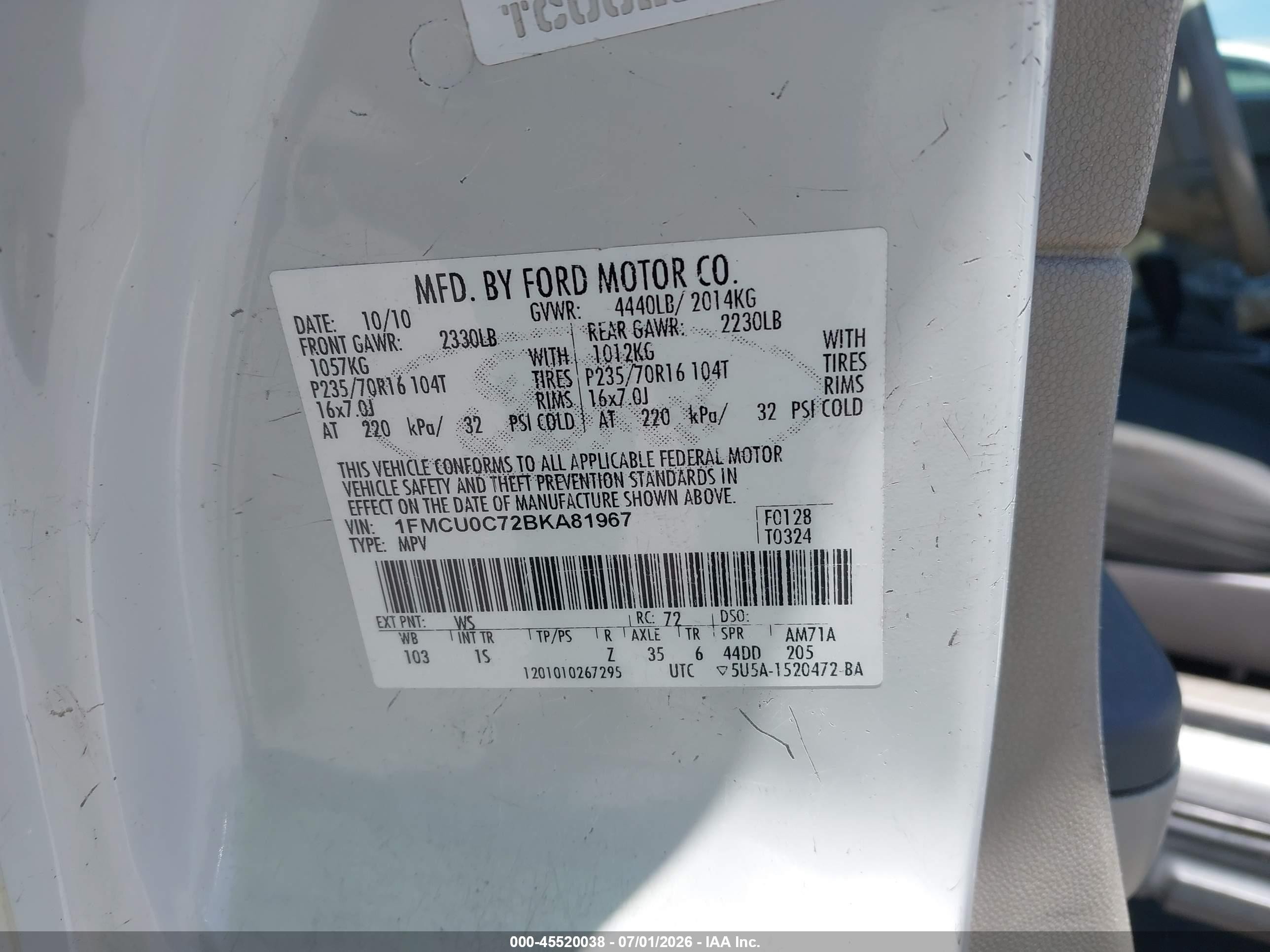 2011 Ford Escape Xls White vin: 1FMCU0C72BKA81967