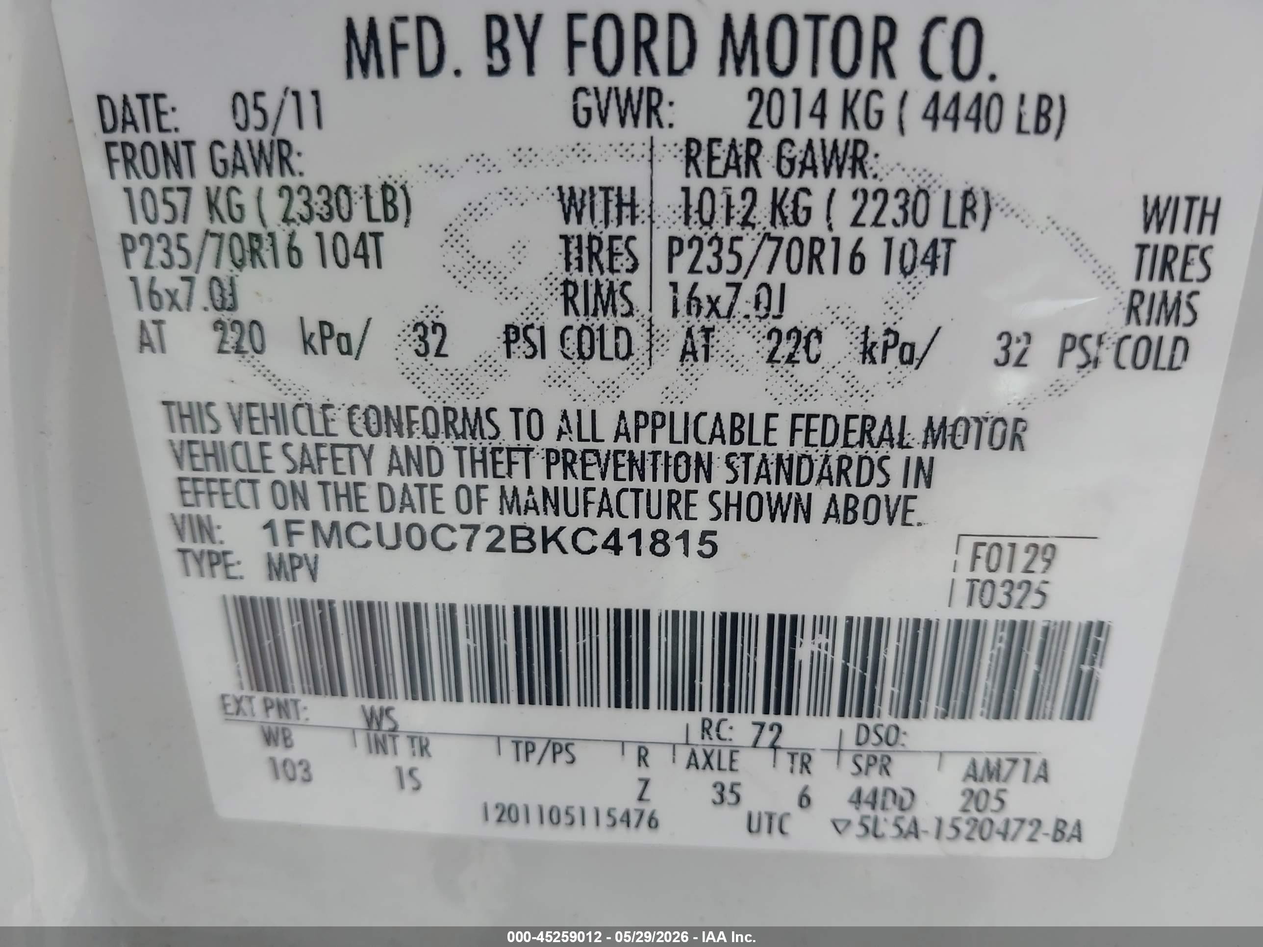 2011 Ford Escape Xls White vin: 1FMCU0C72BKC41815