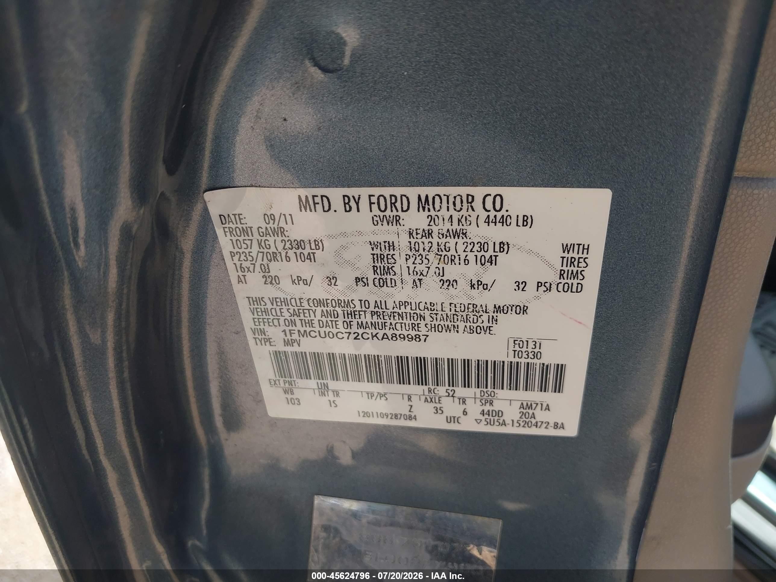 2012 Ford Escape Xls Light Blue vin: 1FMCU0C72CKA89987