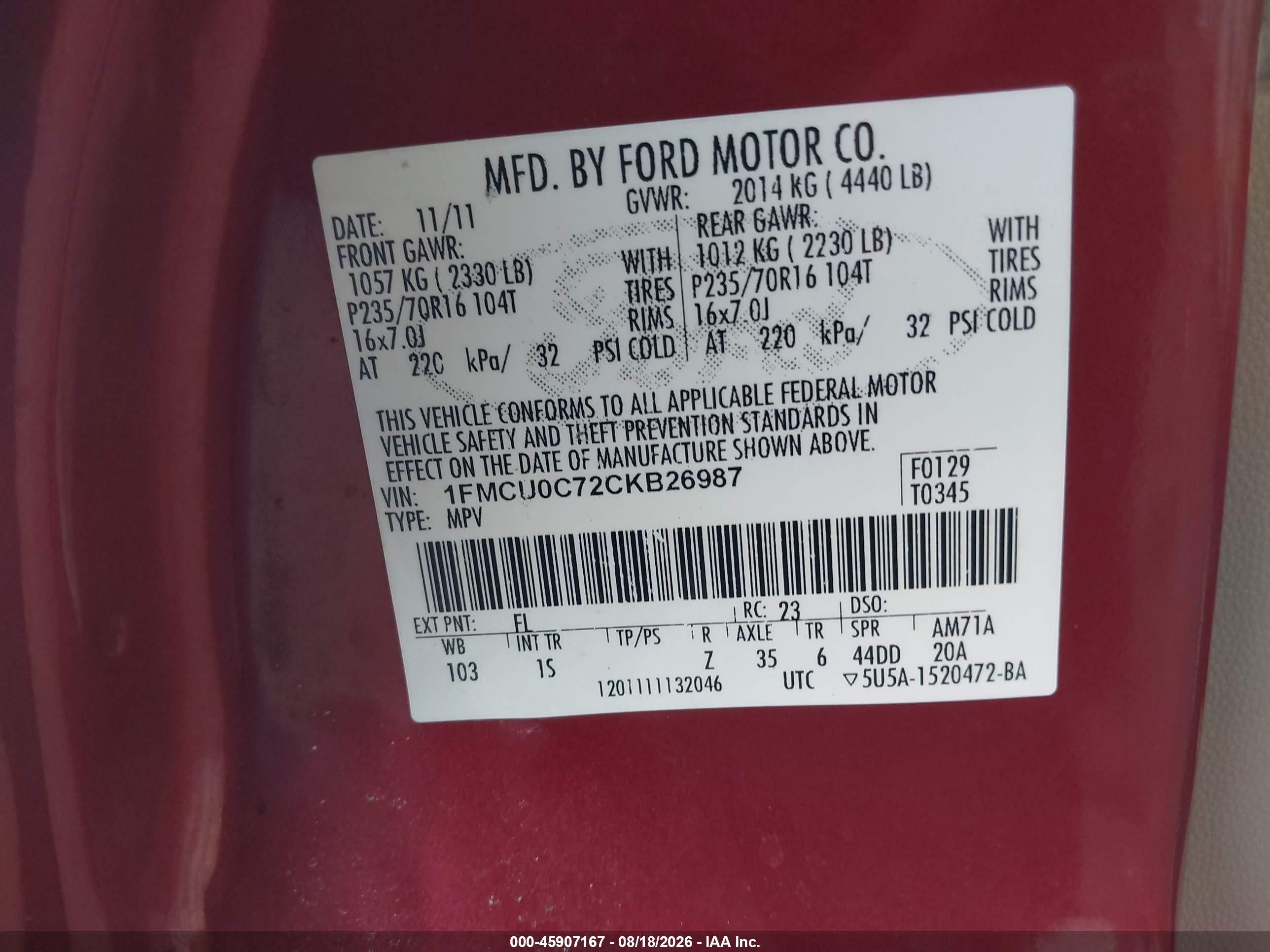 2012 Ford Escape Xls Red vin: 1FMCU0C72CKB26987