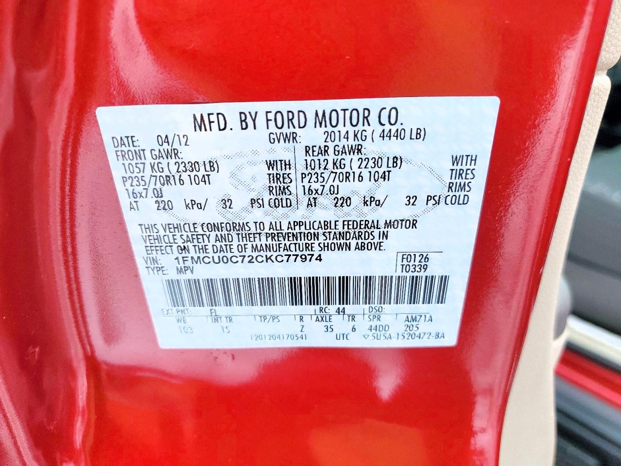 2012 Ford Escape Xls Red vin: 1FMCU0C72CKC77974