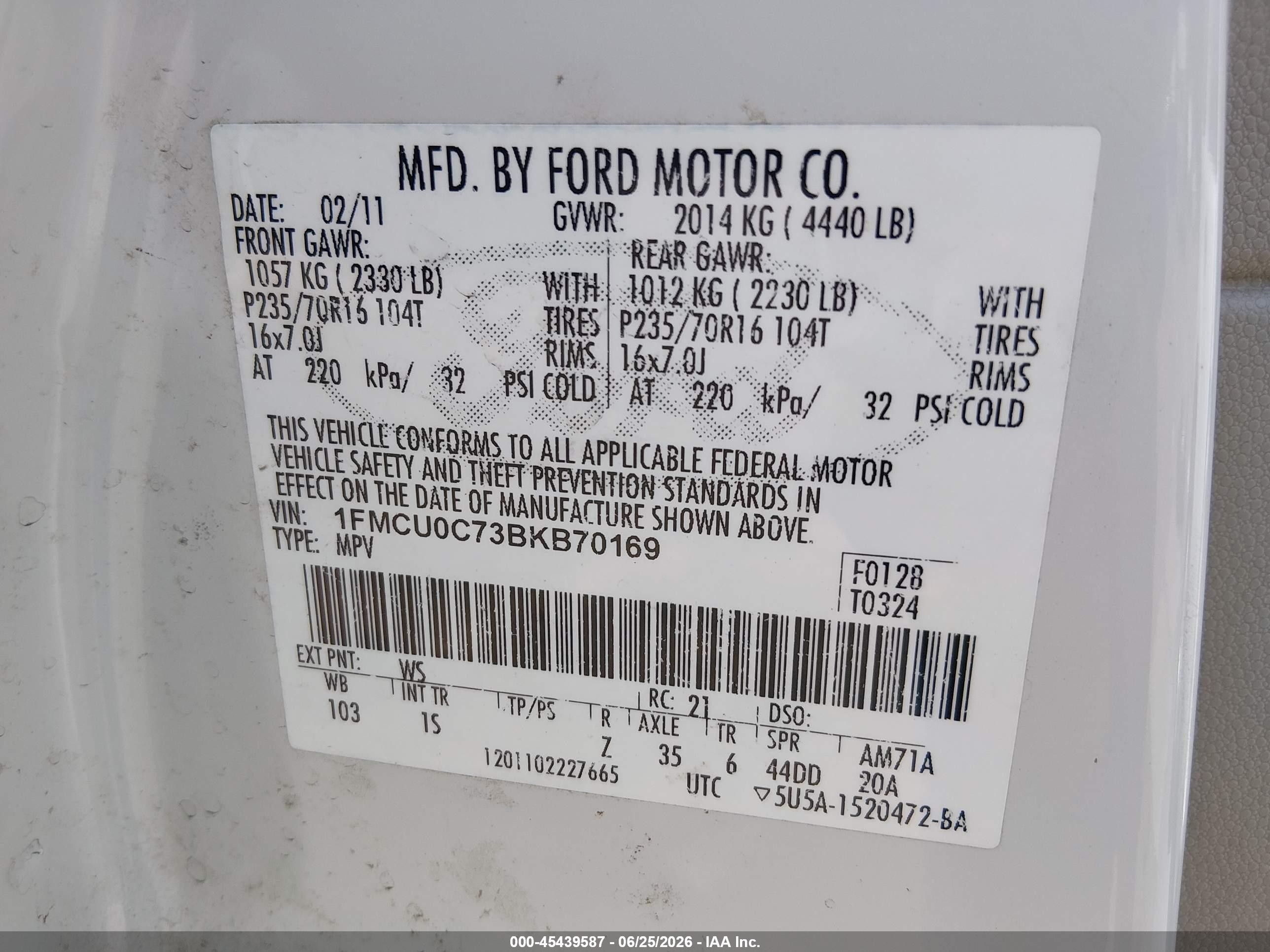 2011 Ford Escape Xls White vin: 1FMCU0C73BKB70169