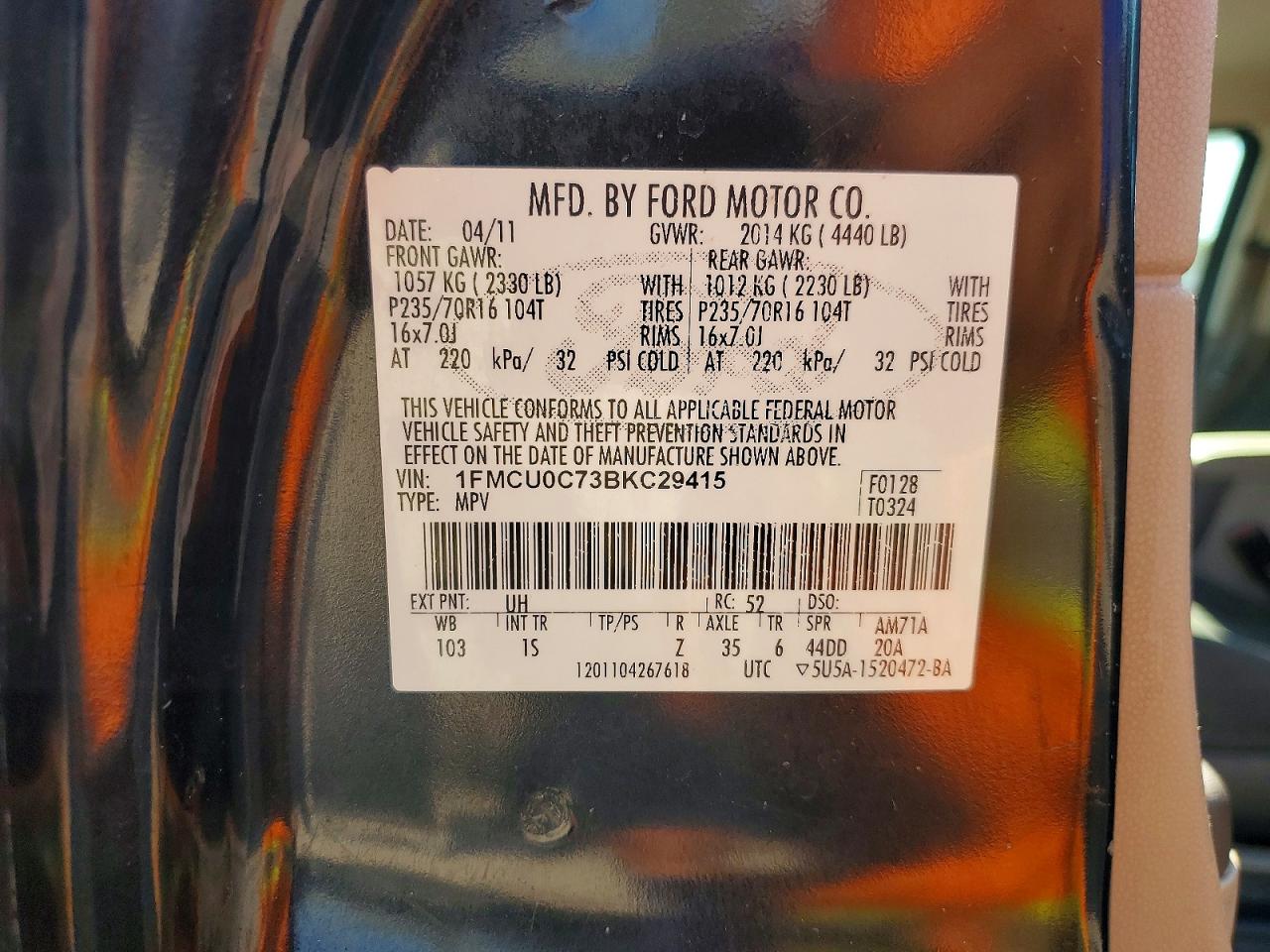 2011 Ford Escape Xls Black vin: 1FMCU0C73BKC29415