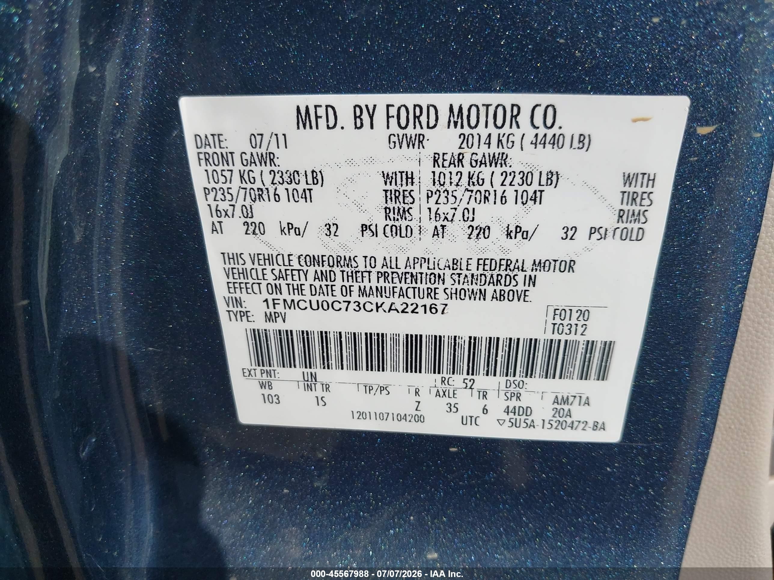 2012 Ford Escape Xls Blue vin: 1FMCU0C73CKA22167