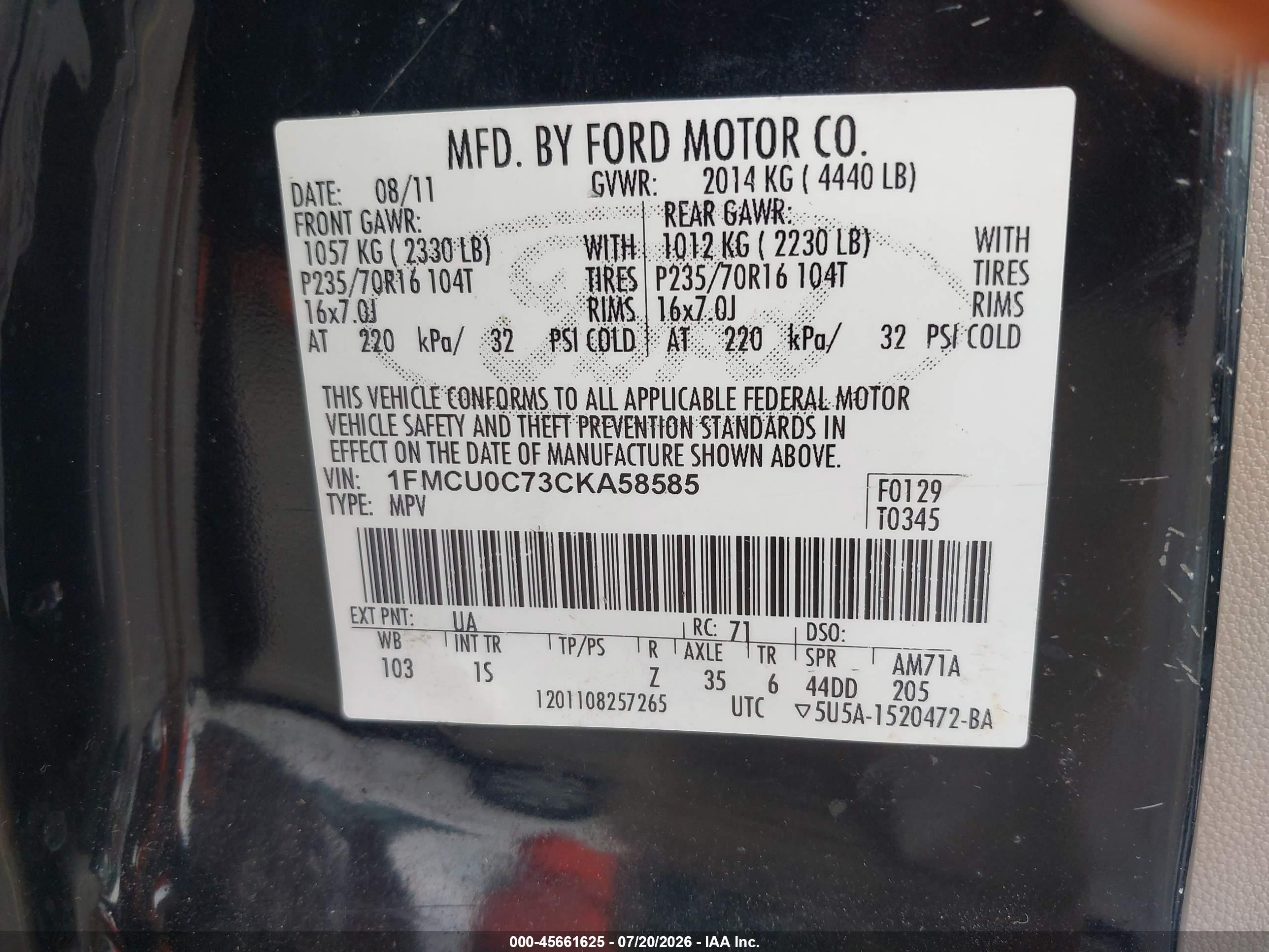 2012 Ford Escape Xls Черный vin: 1FMCU0C73CKA58585