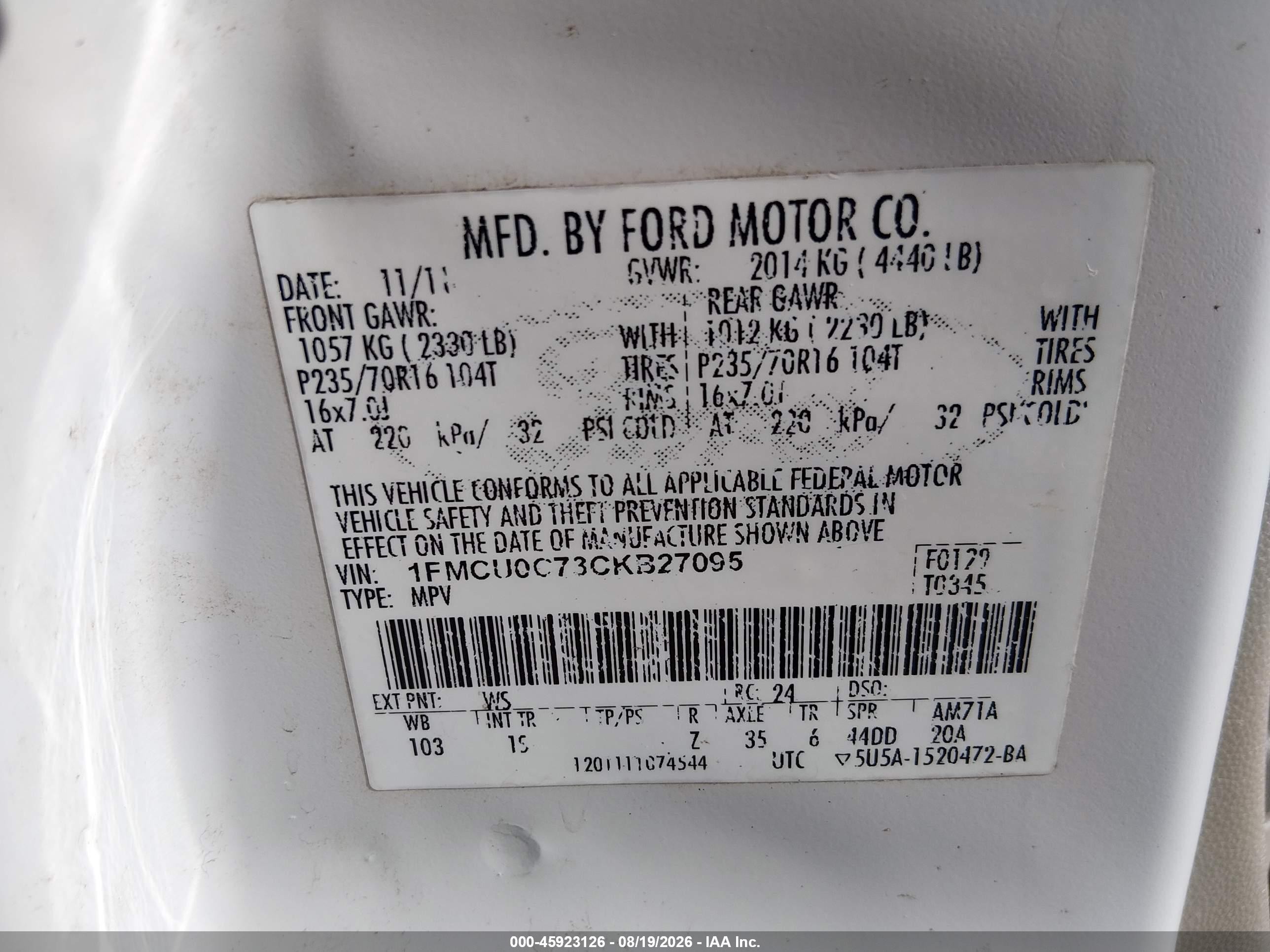 2012 Ford Escape Xls Белый vin: 1FMCU0C73CKB27095