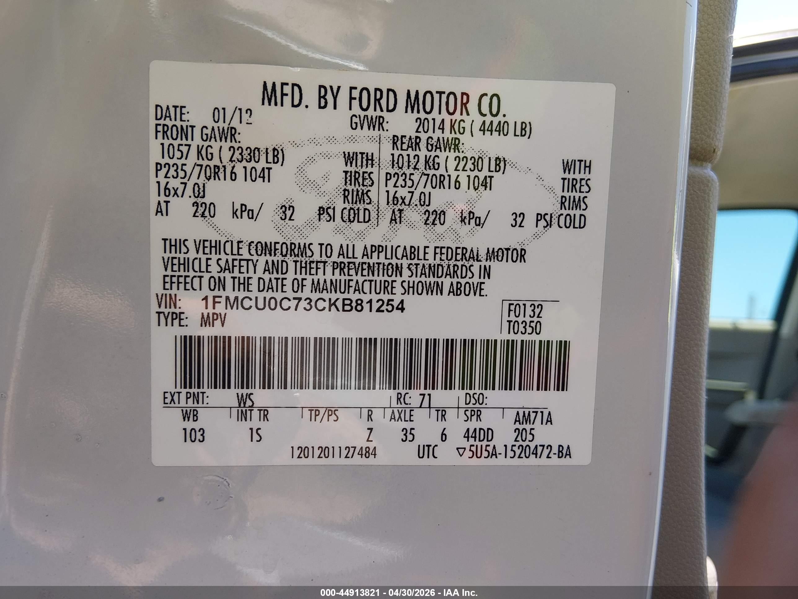 2012 Ford Escape Xls White vin: 1FMCU0C73CKB81254