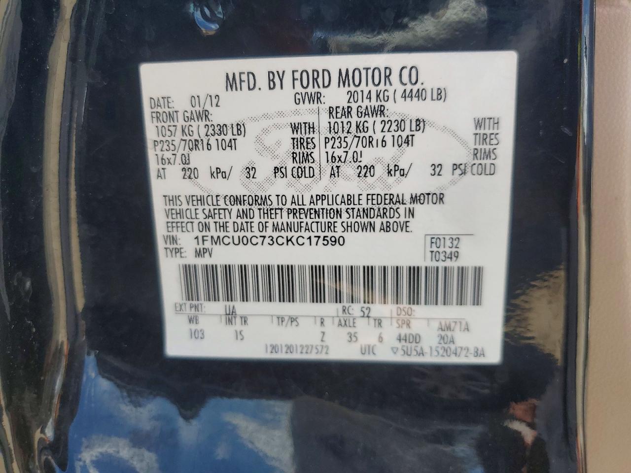 2012 Ford Escape Xls Black vin: 1FMCU0C73CKC17590