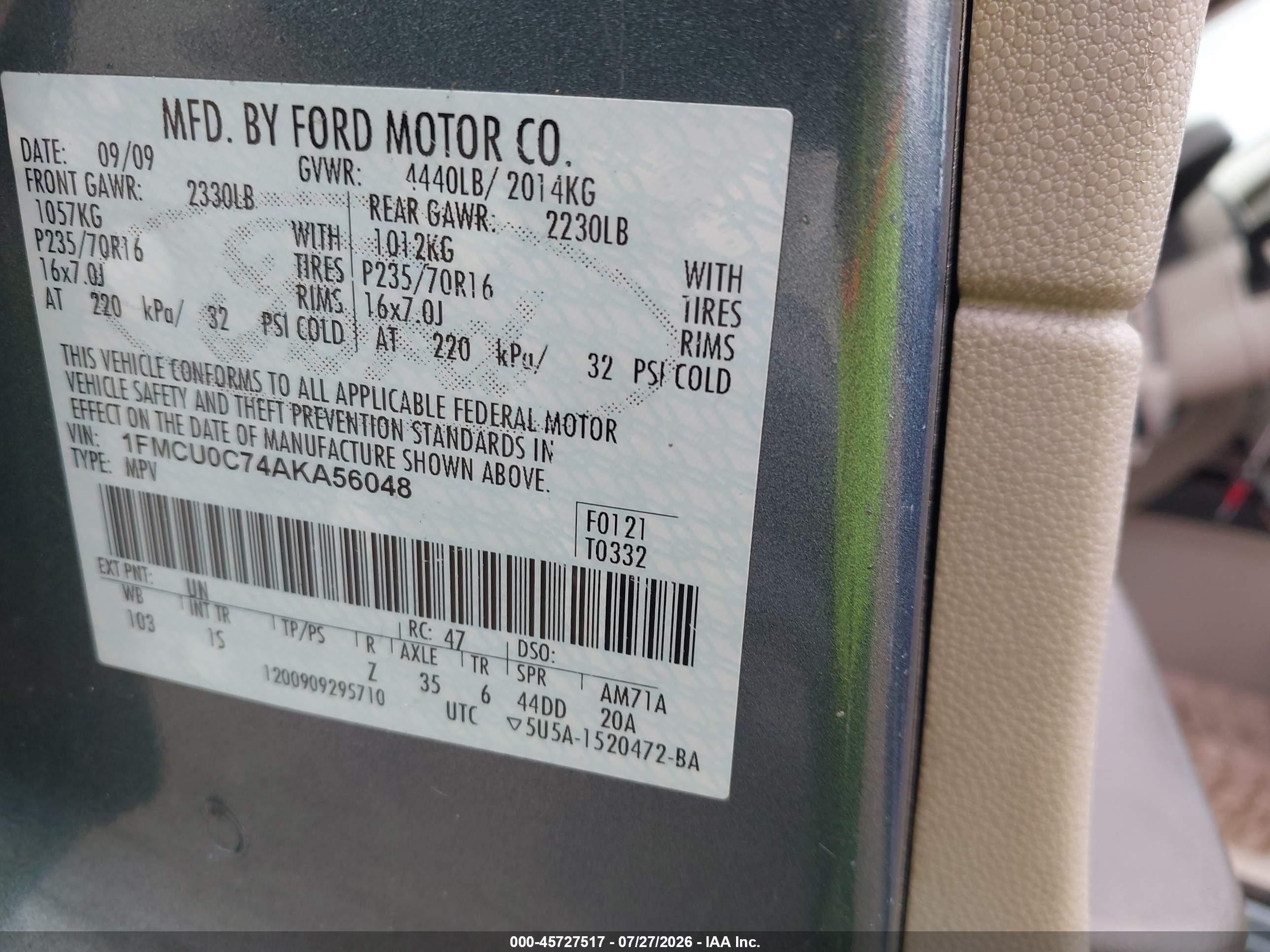 2010 Ford Escape Xls Blue vin: 1FMCU0C74AKA56048