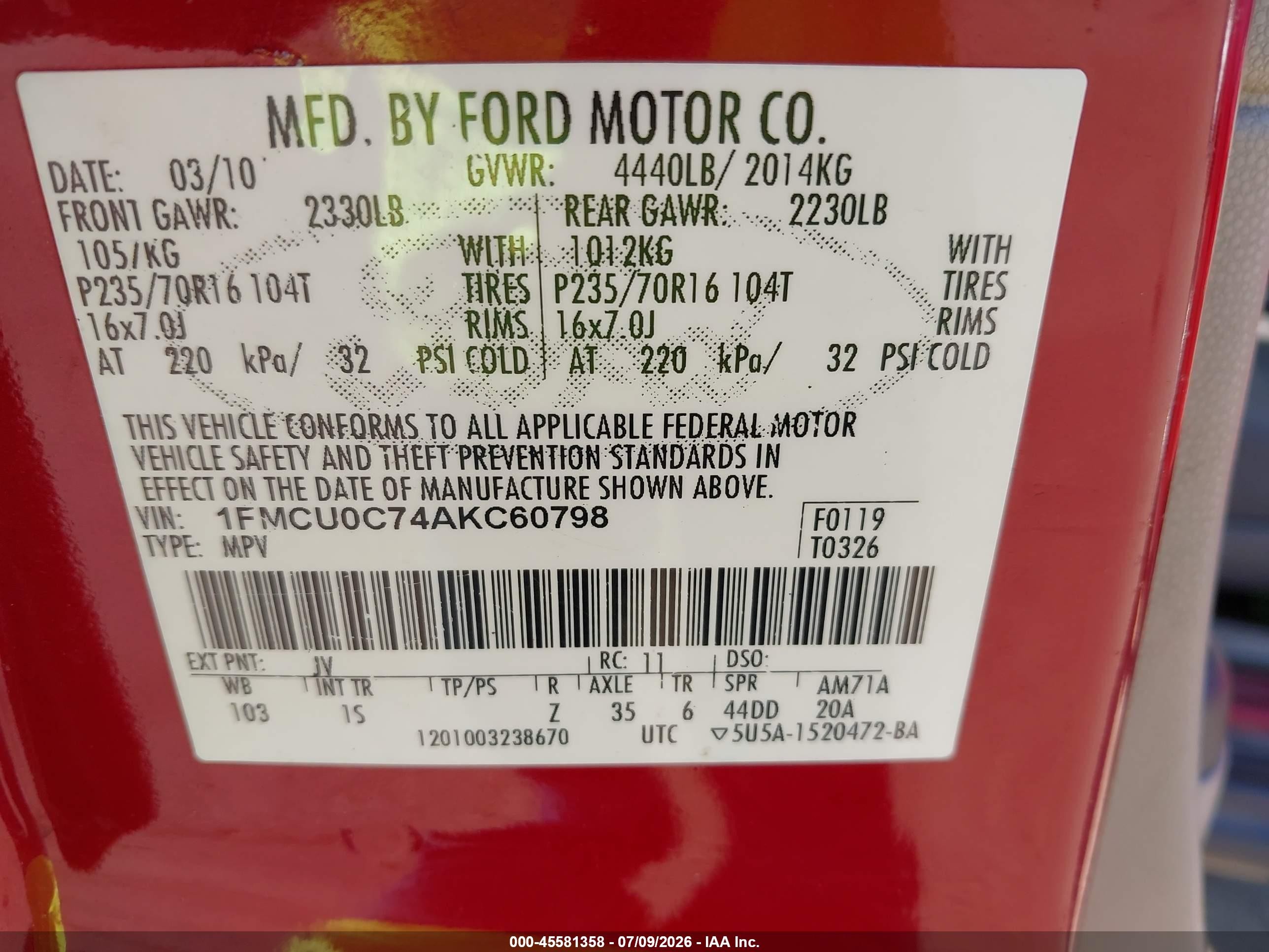 2010 Ford Escape Xls Red vin: 1FMCU0C74AKC60798