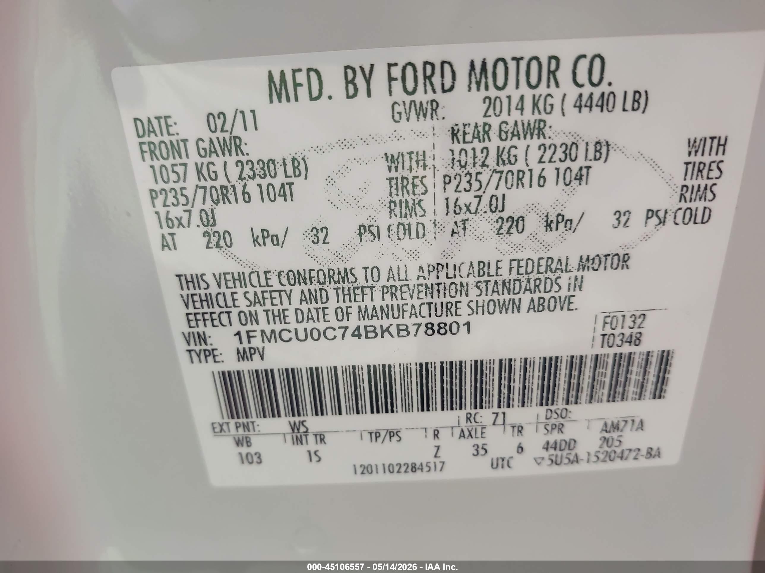 2011 Ford Escape Xls White vin: 1FMCU0C74BKB78801